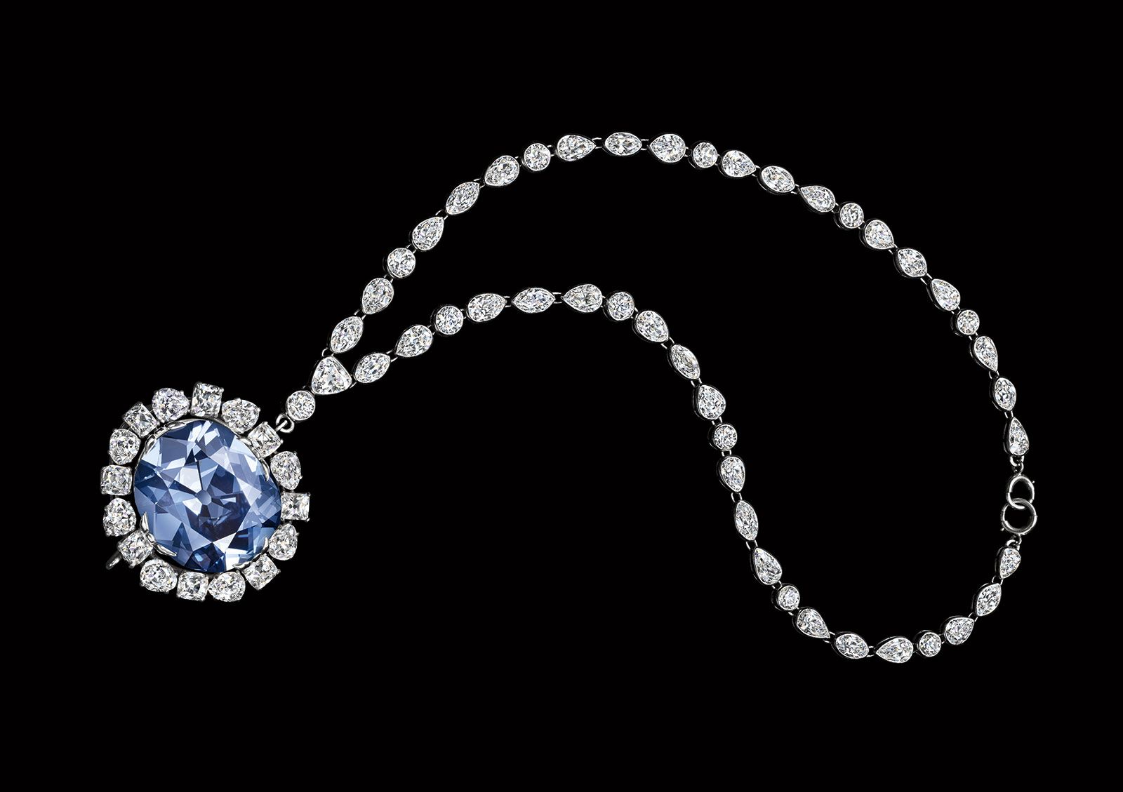 The Hope Diamond necklace with a 45.52 carat blue diamond