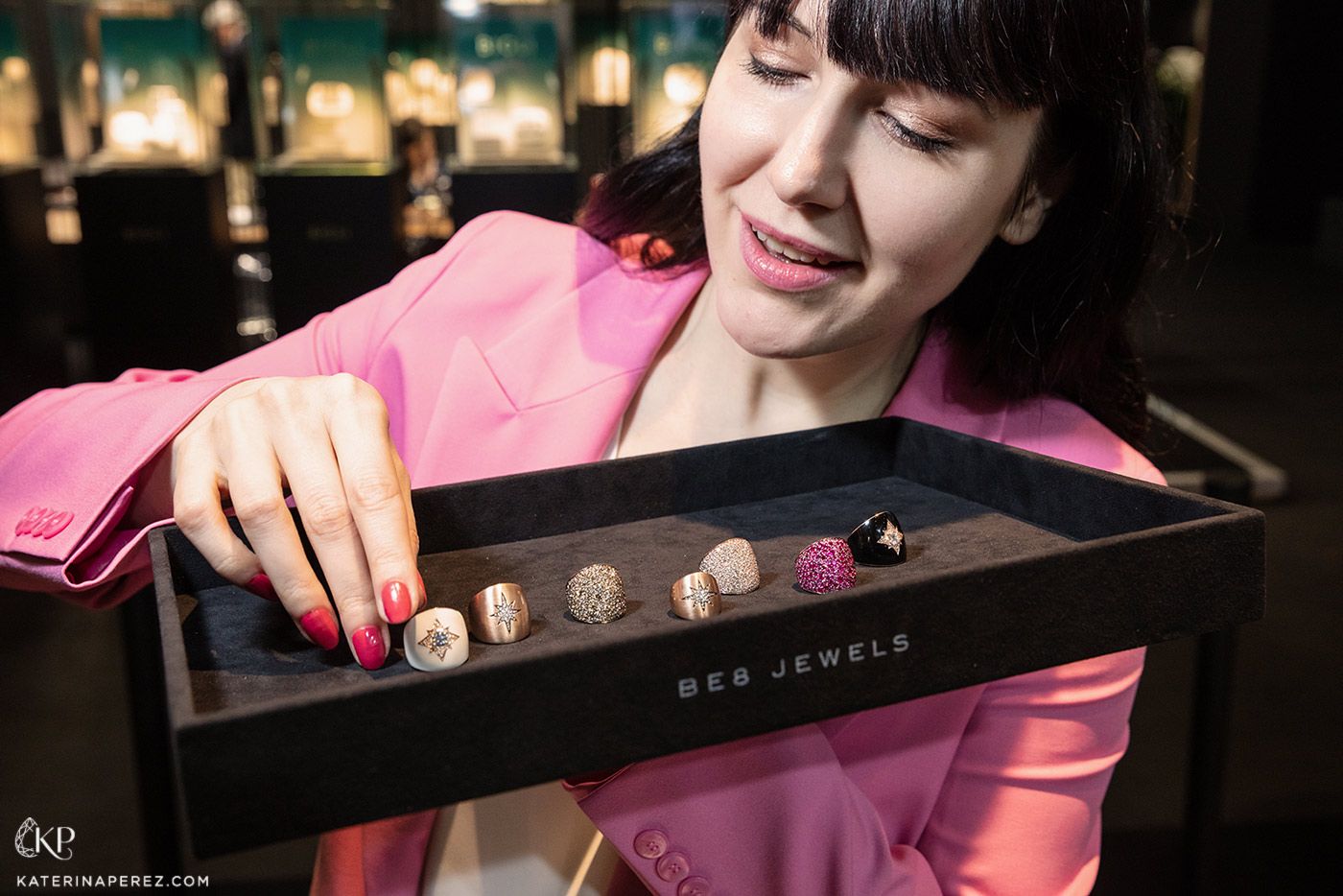 Katerina Perez showcases rings from the BE8 Jewels Customise Your Dreams collection