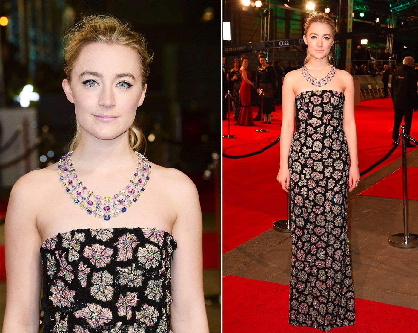 Saoirse Ronan wearing a Chopard High Jewellery necklace on the BAFTA red carpet in 2016