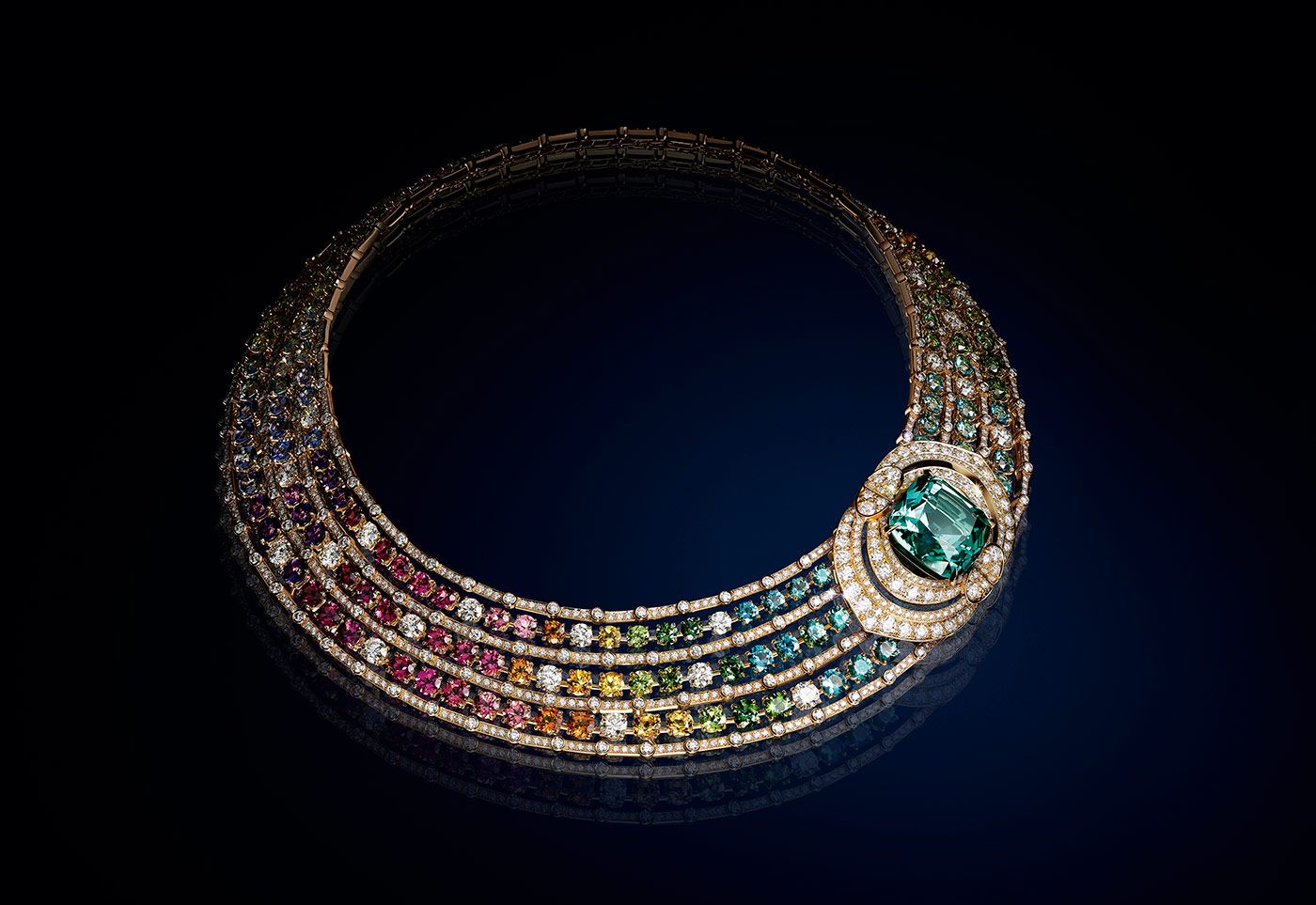 Louis Vuitton Bravery II Le Multipin High Jewellery necklace with a 42.42 carat green-blue tourmaline and an assortment of coloured stones, including tourmalines, citrines, peridots, amethysts, aquamarines, iolites, garnets and tanzanites 