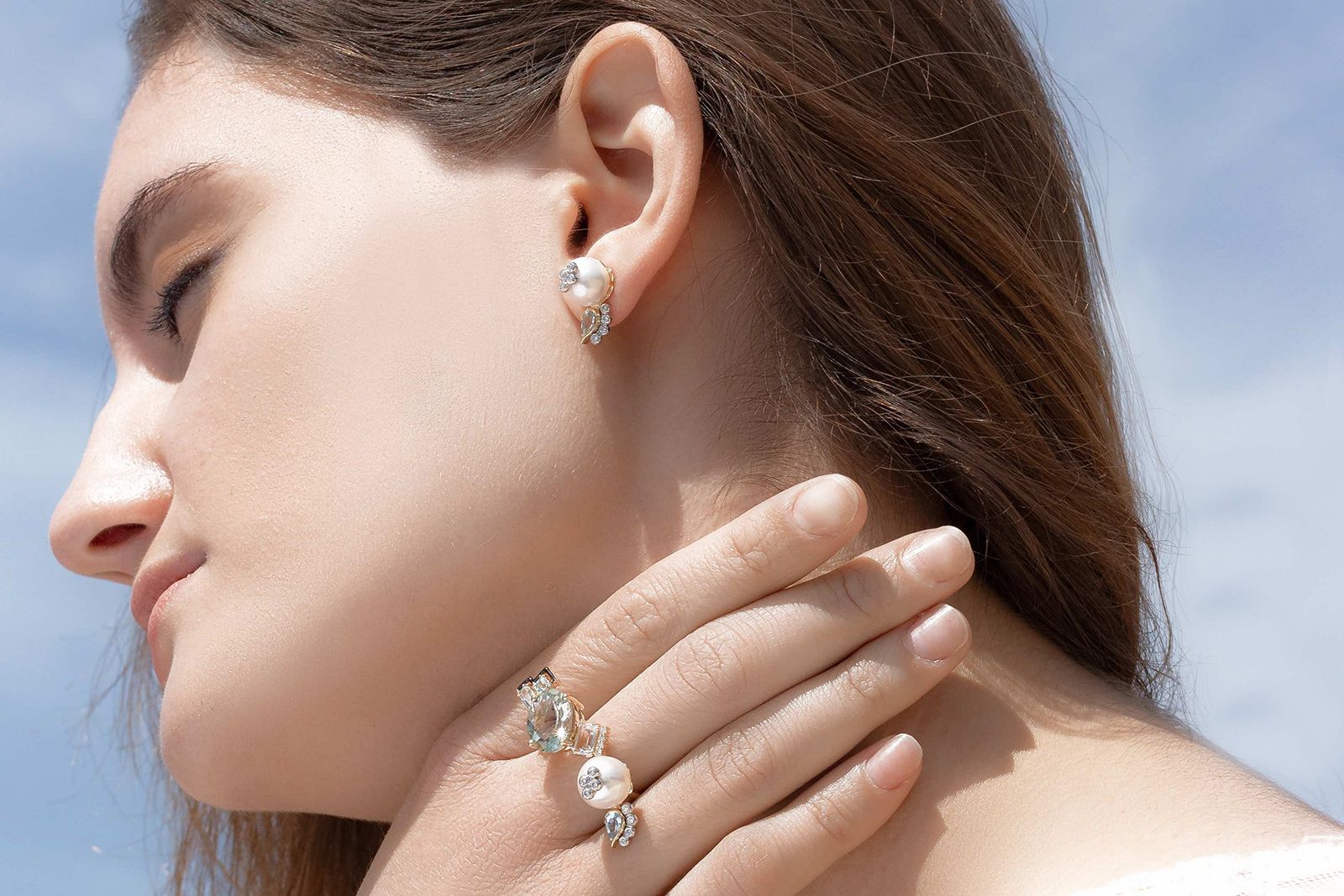 Katerina Marmagioli Pearl, diamond and aquamarine ring