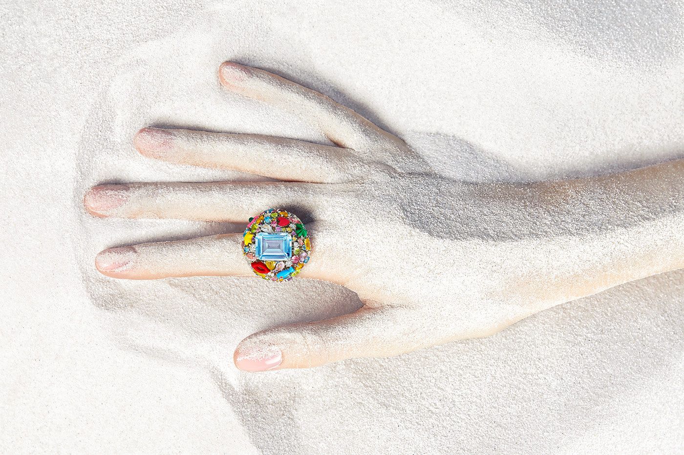 Aisha Baker Bubblegum ring in a lustrous array of pastel-coloured gemstones and white gold 