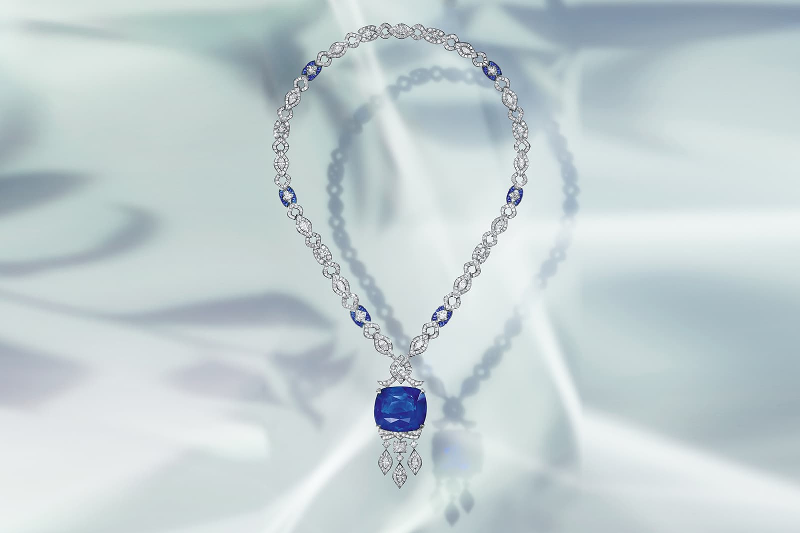 Bulgari Mediterranean Reverie necklace with a 107.15 carat royal blue Sri Lankan sapphire from the Eden The Garden of Wonders High Jewellery collection