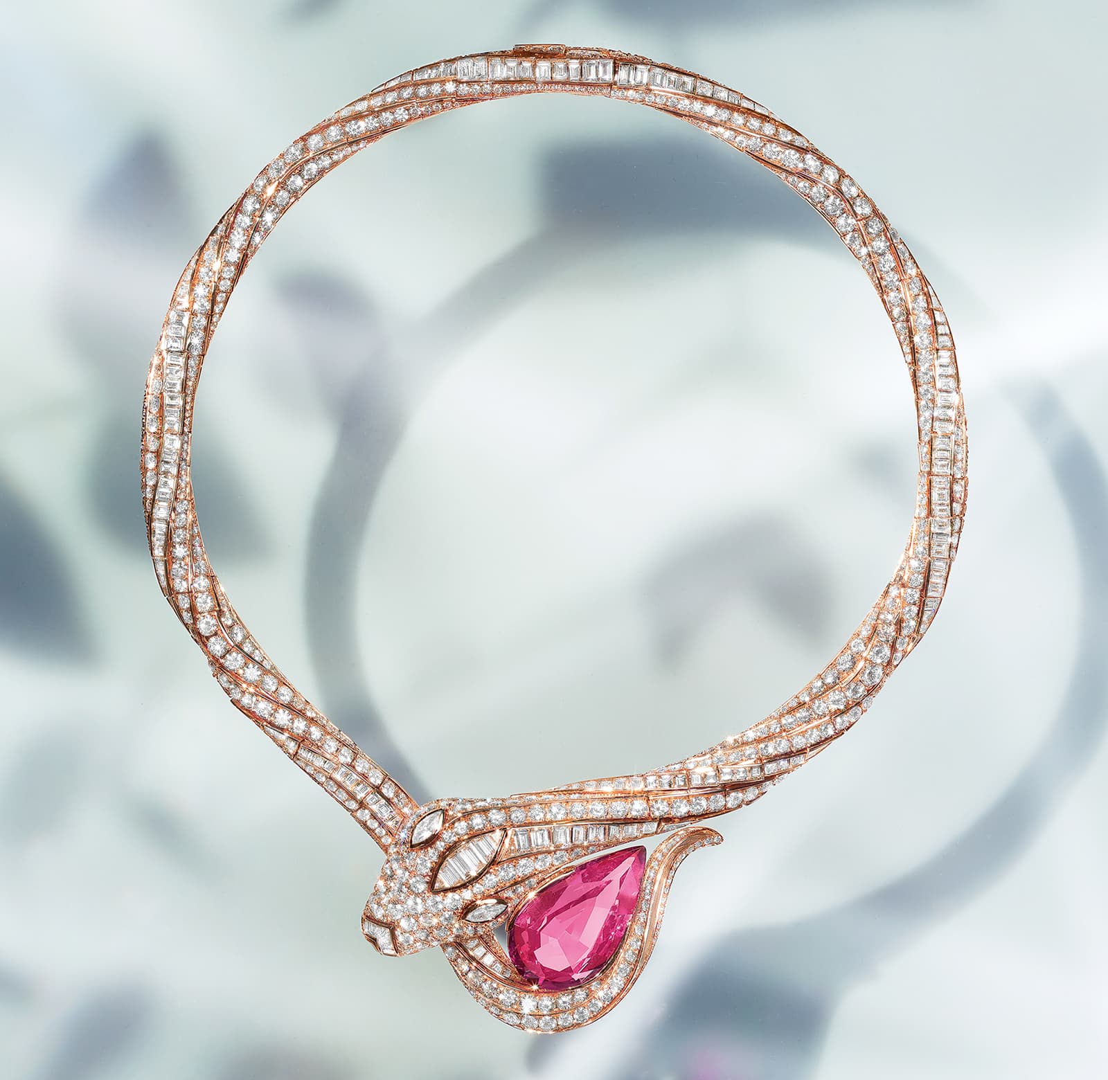 Bulgari Serpenti Spinel Embrace necklace with a 25.70 carat drop-shaped raspberry pink spinel from the Eden The Garden of Wonders High Jewellery collection