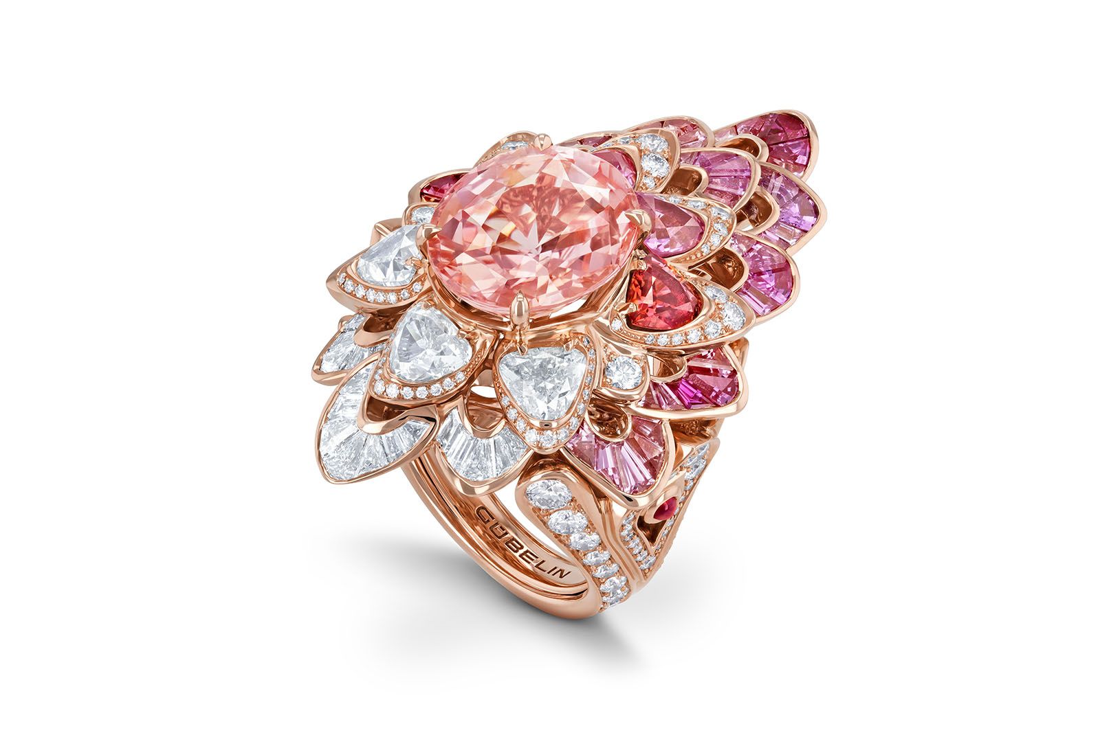 Gübelin Jewellery Flaming Grace cocktail ring with an oval-shaped Padparadscha sapphire from Sri Lanka