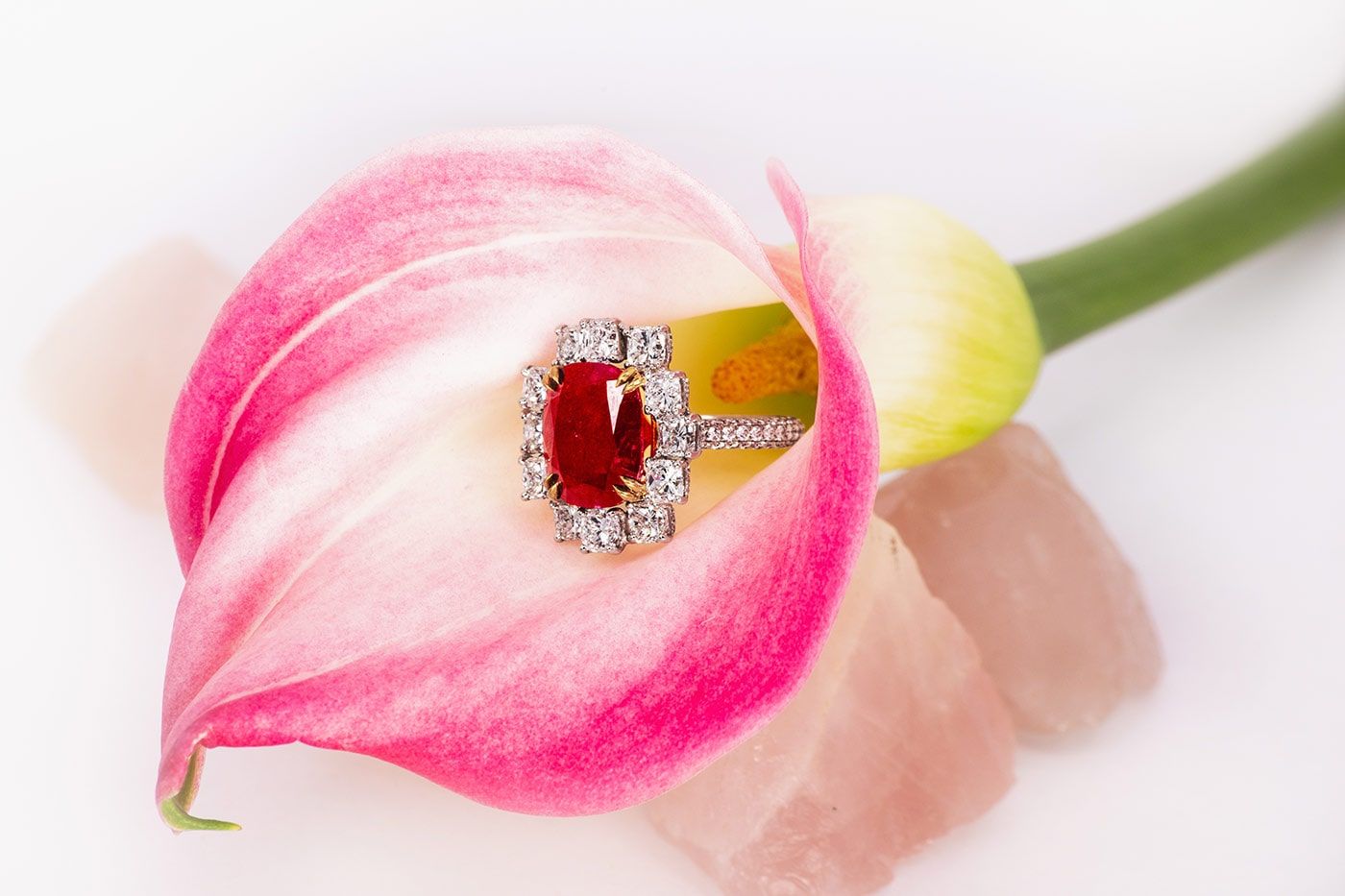 Qiu Fine Jewelry ring with an 8.18 carat unheated Burmese Pigeon's Blood ruby and 5 carats of diamonds