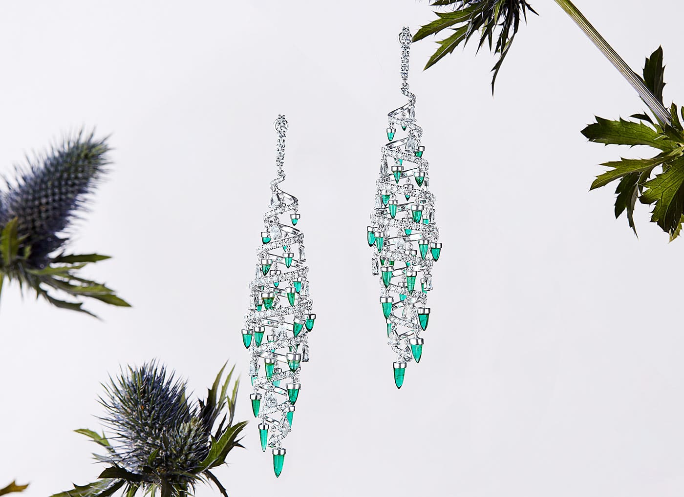Qiu Fine Jewelry chandelier earrings with Colombian 'pine nut' emeralds and diamonds