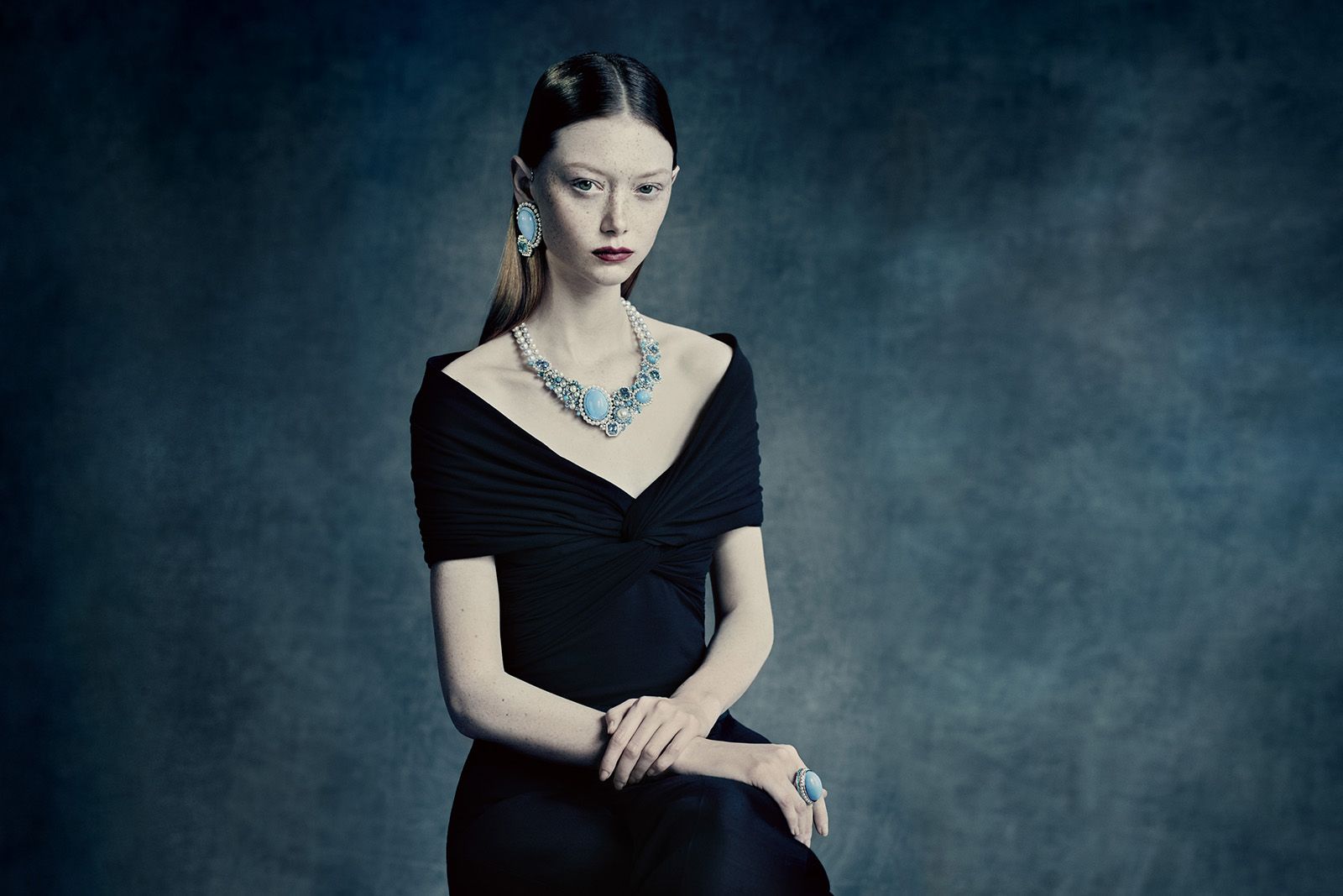 A model wears the Radiant necklace, earring and ring in campaign imagery for the new Tasaki Atelier Radiant Sky collection shot by Paolo Roversi