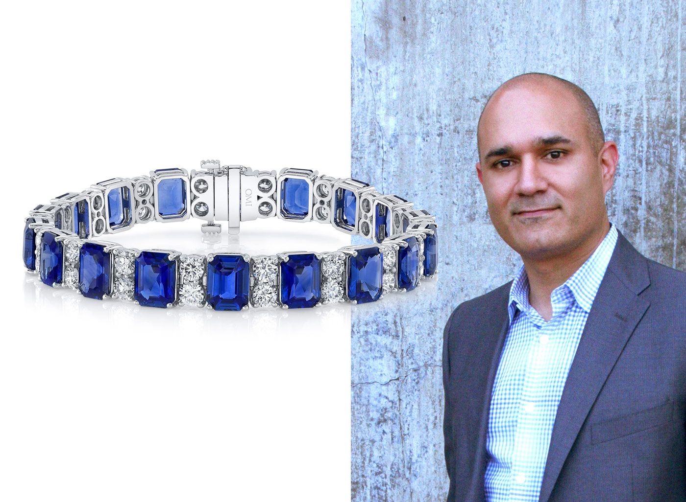 Omi Privé sapphire, diamond and platinum bracelet, next to Niveet Nagpal