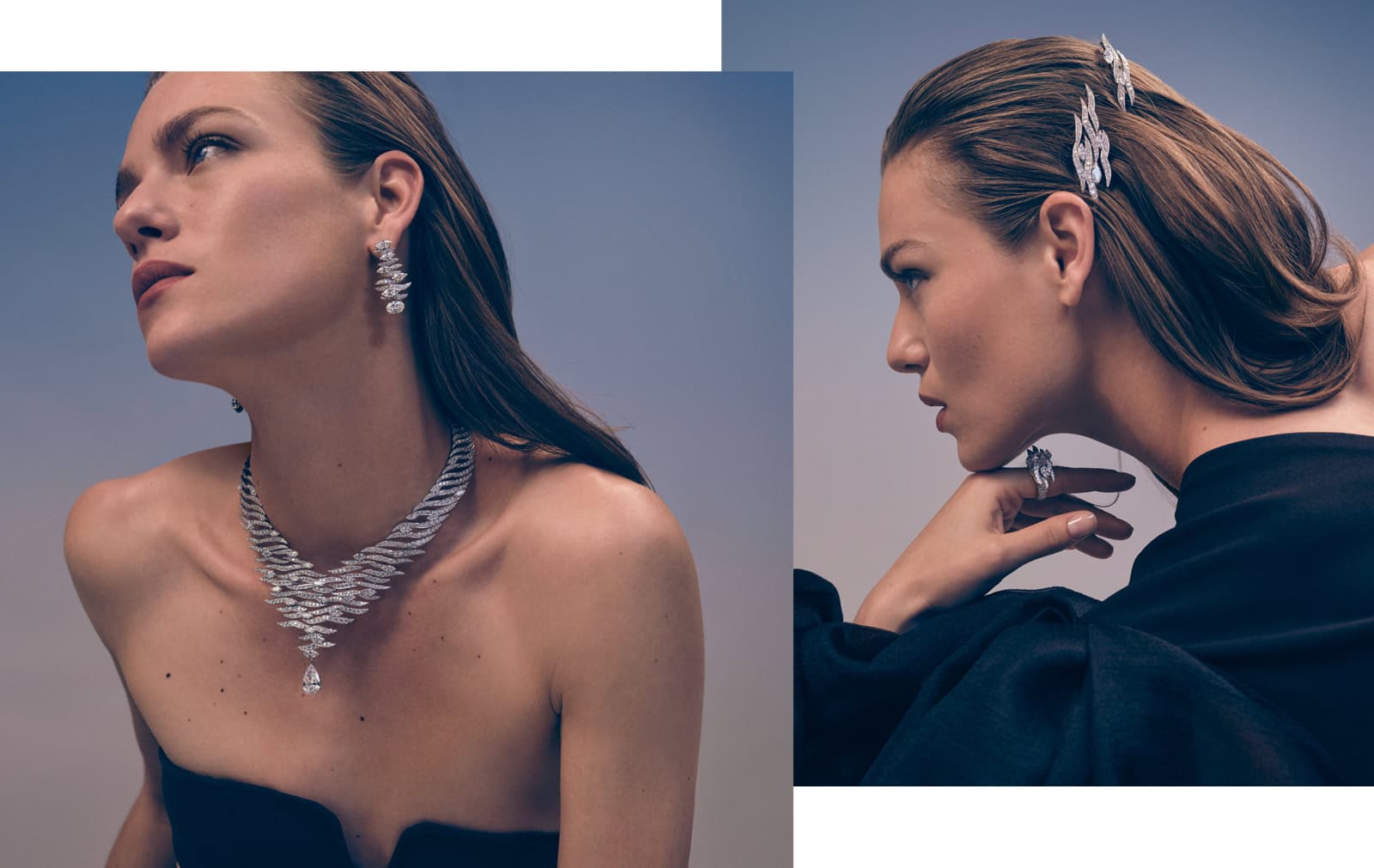 Chaumet On the Water's Surface necklace, earrings, transformable head ornament and ring in diamond and white gold from the Ondes et Merveilles High Jewellery collection