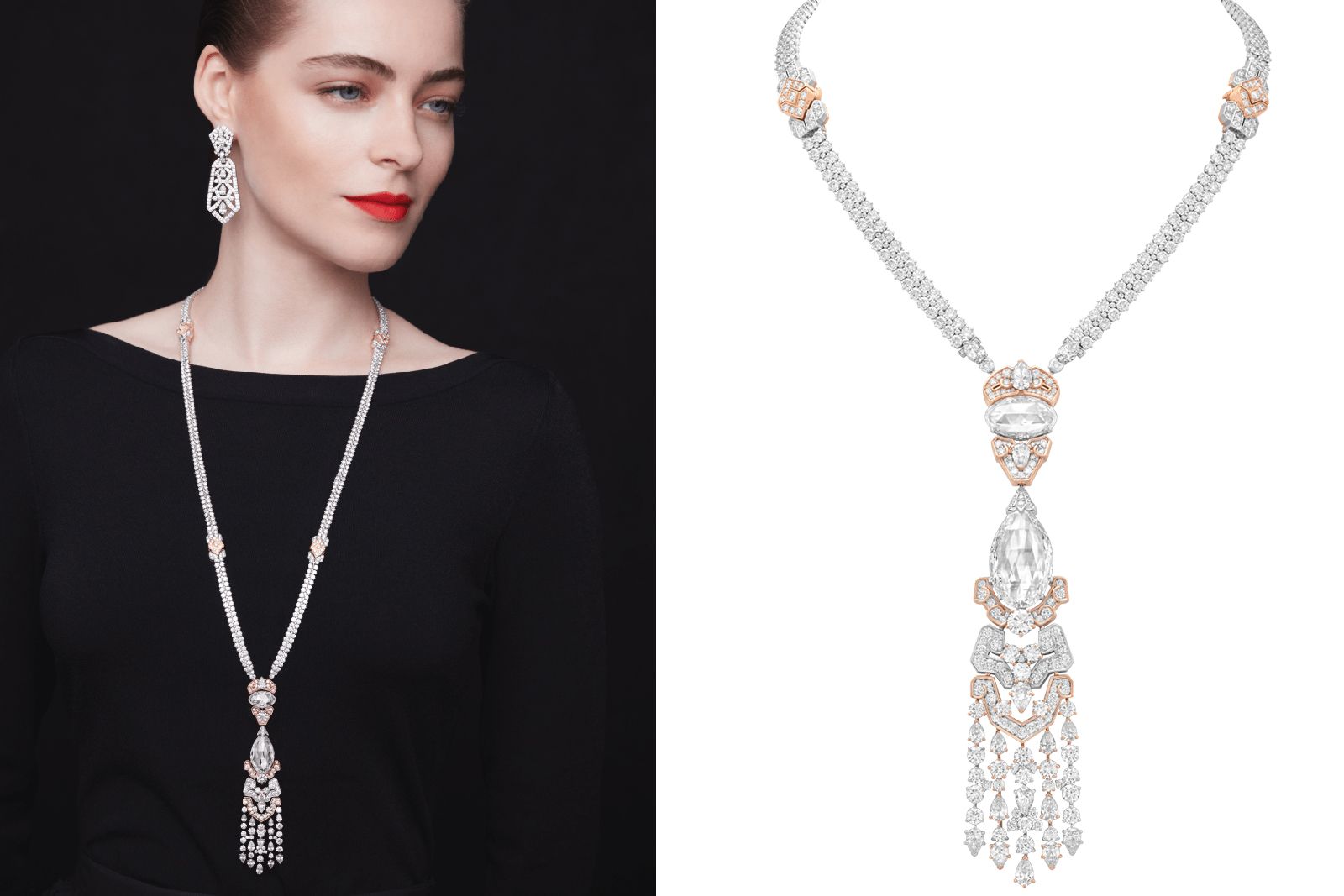 Van Cleef & Arpels diamond Chrysler earrings and Roaring Twenties Transformable necklace from the Legend of Diamonds Chapter II High Jewellery Collection