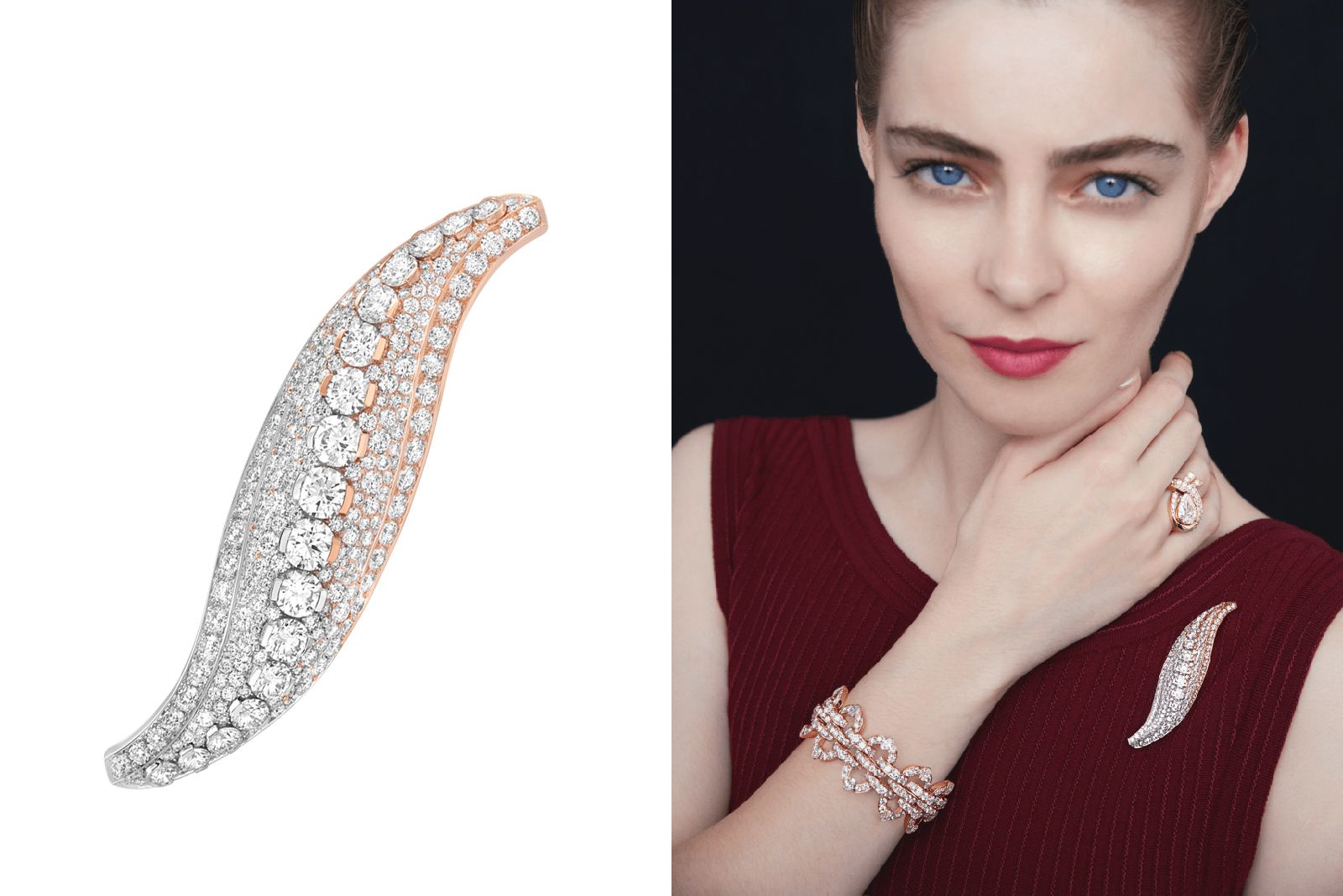 Van Cleef & Arpels white gold, rose gold and diamond New Haricot clip, Boogie-Woogie bracelet and Spontini ring from the Legend of Diamonds Chapter II High Jewellery Collection