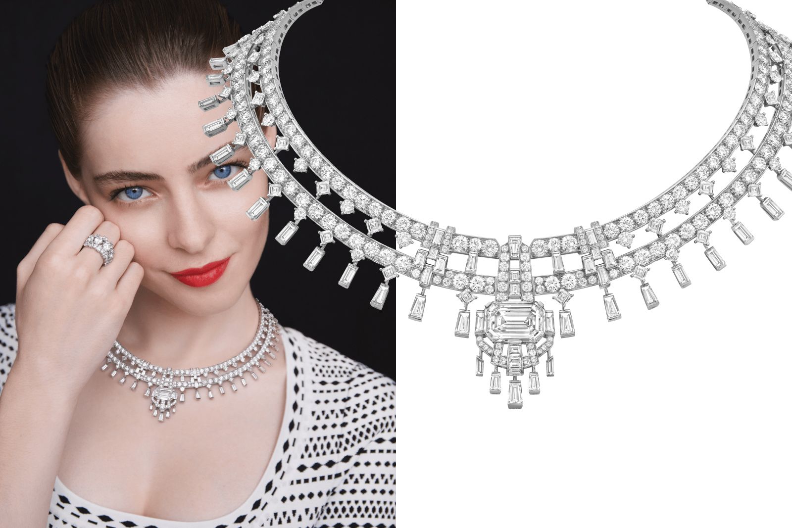 Van Cleef & Arpels white gold and diamond Fabulous Fifties necklace and Chemin de Diamants ring from the Legend of Diamonds Chapter II High Jewellery collection