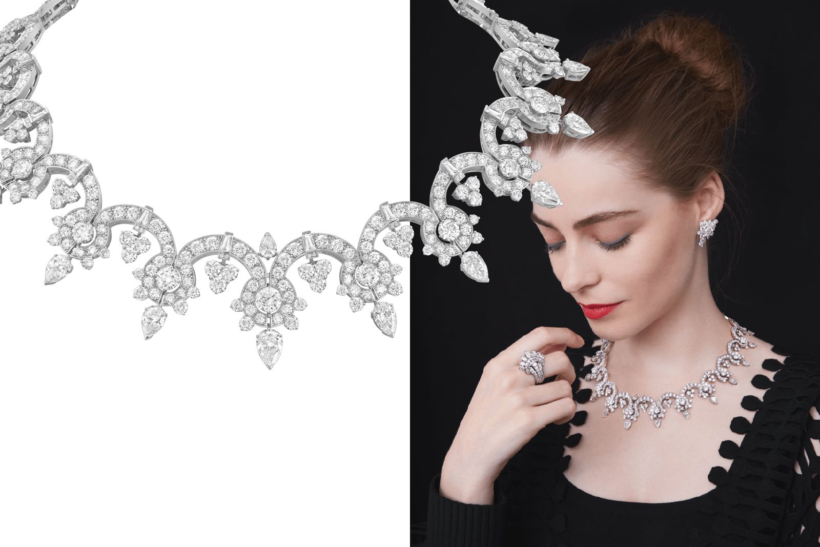Van Cleef & Arpels white gold and diamond Voutes Precieuses necklace, Boutonnière de Diamants earrings and Evantail de Diamant ring from the Legend of Diamonds Chapter II High Jewellery collection