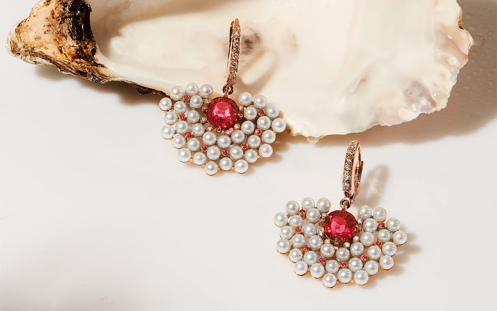 Gold, spinel, Ayoka pearl and diamond earrings