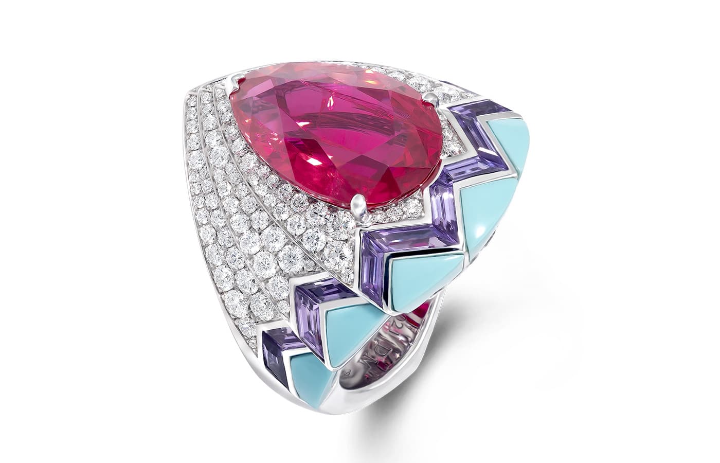 David Morris white gold spinel, sapphire, turquoise and diamond ring from the 60th Anniversary Collection