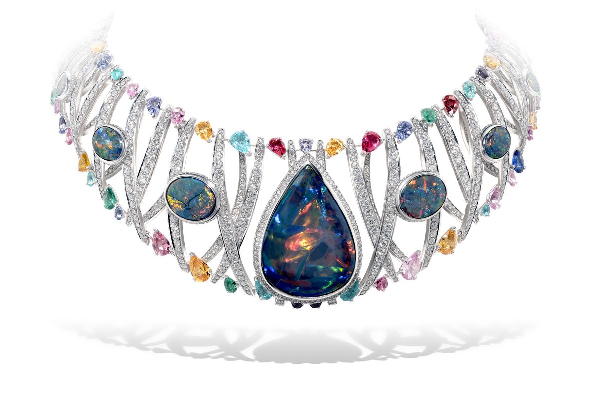 David Morris Ribbon necklace with an Australian black opal of 41 carats, plus diamonds, spinels, garnets, Paraiba tourmalines and further black opals, from the Modern Classics High Jewellery collection