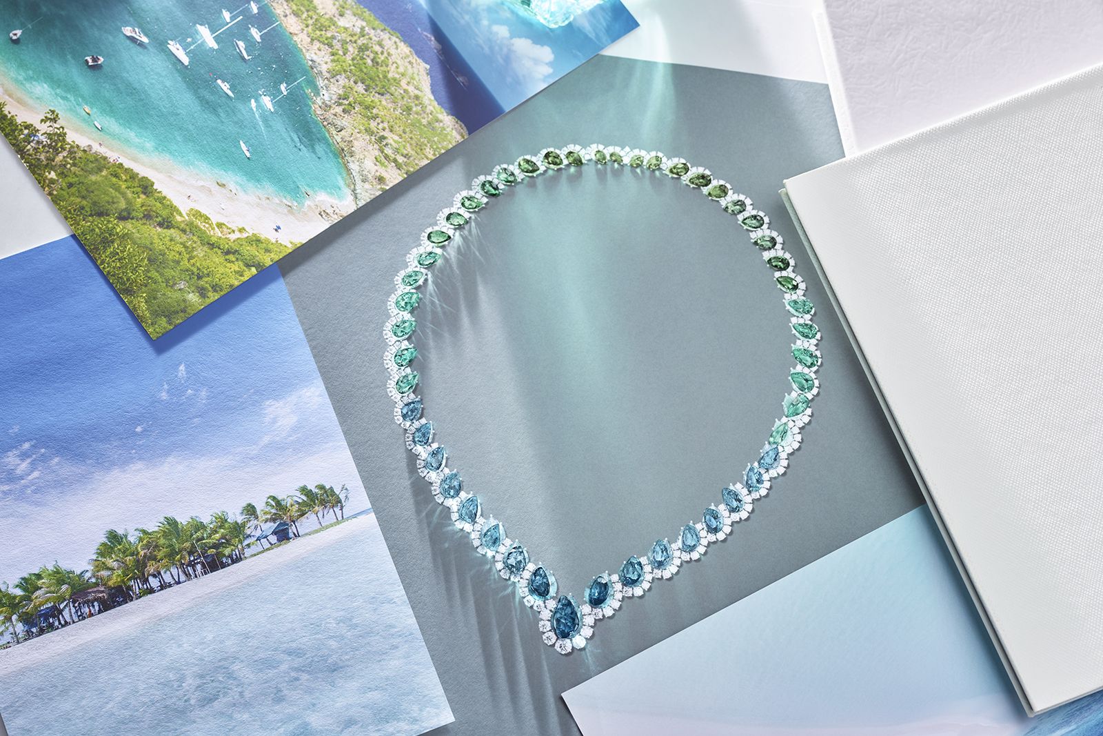 Rendering of Harry Winston Paraiba tourmaline, diamond and white gold St Barts necklace from the Majestic Escapes High Jewellery collection 