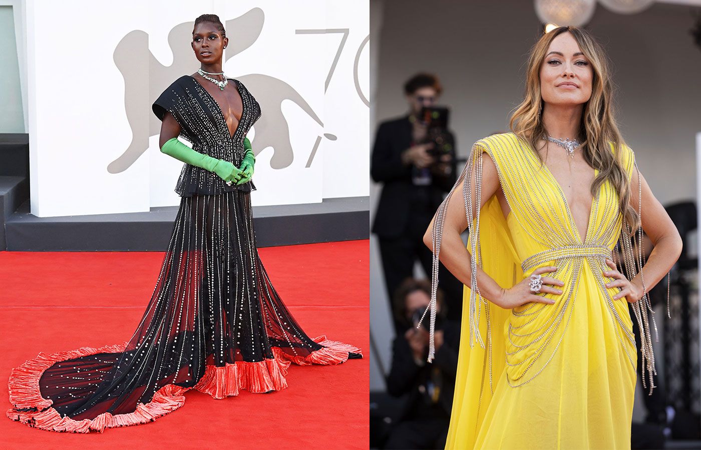 Actresses Jodie Turner-Smith and Olivia Wilde in Gucci High Jewellery at the 2022 Venice International Film Festival. Photo credit: Hollywoodlife.com and TalkingwithTami.com.