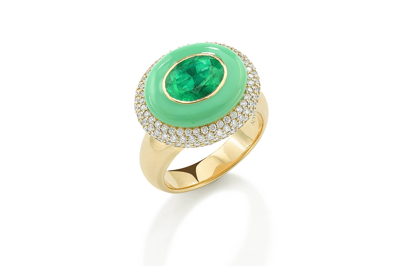 Robinson Pelham Arena ring set with a central oval 2.10ct Muzo emerald, with green enamel and pave diamonds totalling 1.20 carats