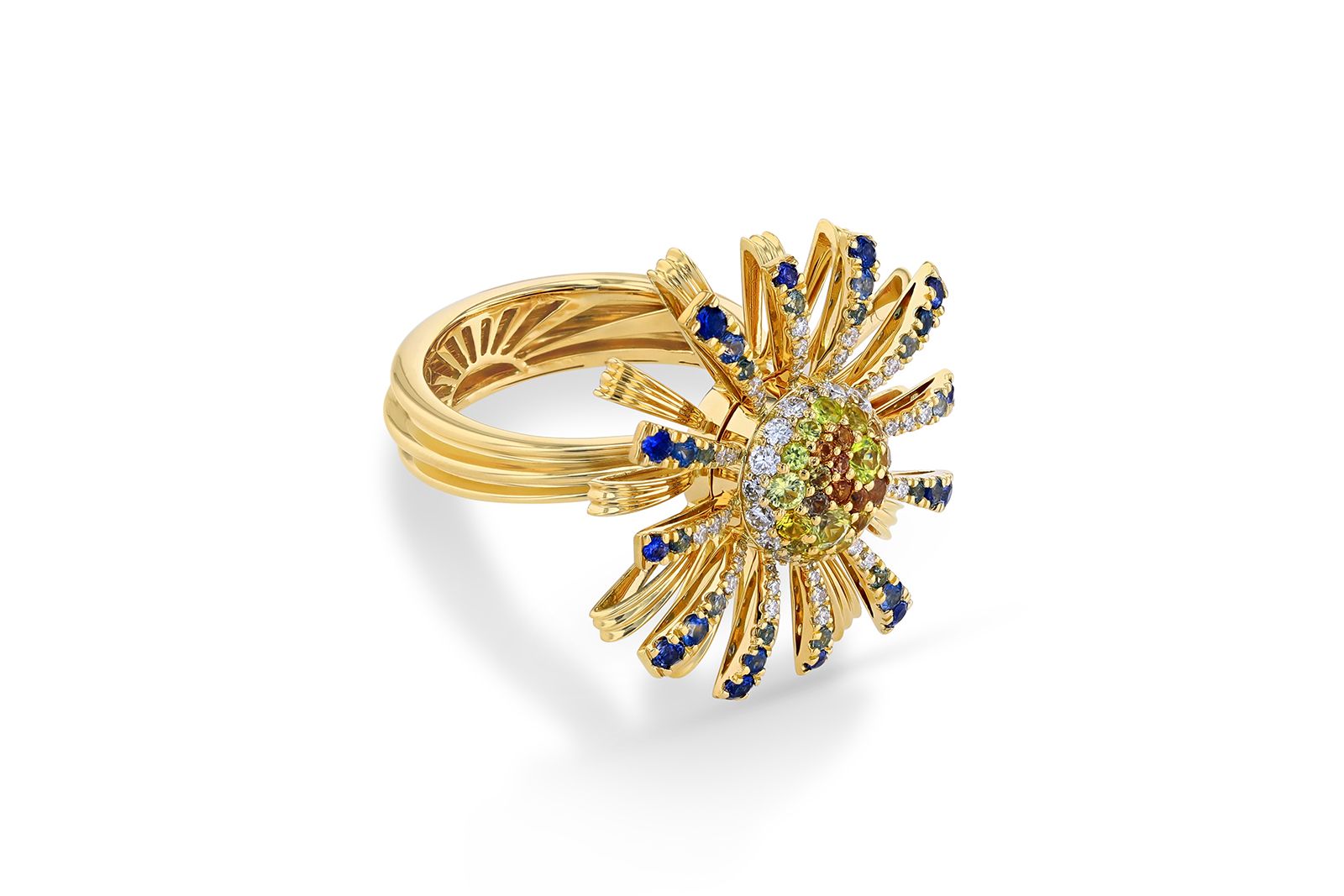 TOKTAM Sun ring with diamonds and sapphires from the Kahkeshan collection 