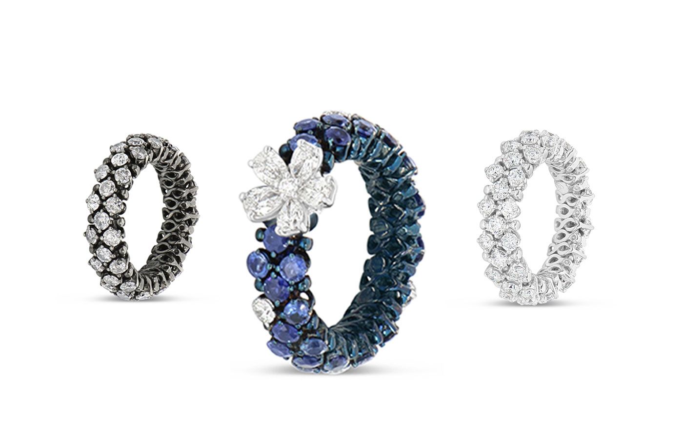 De' Lazzari-Oro Addosso Luxury collection rings with colourless diamonds, brown diamonds and blue sapphires in white gold