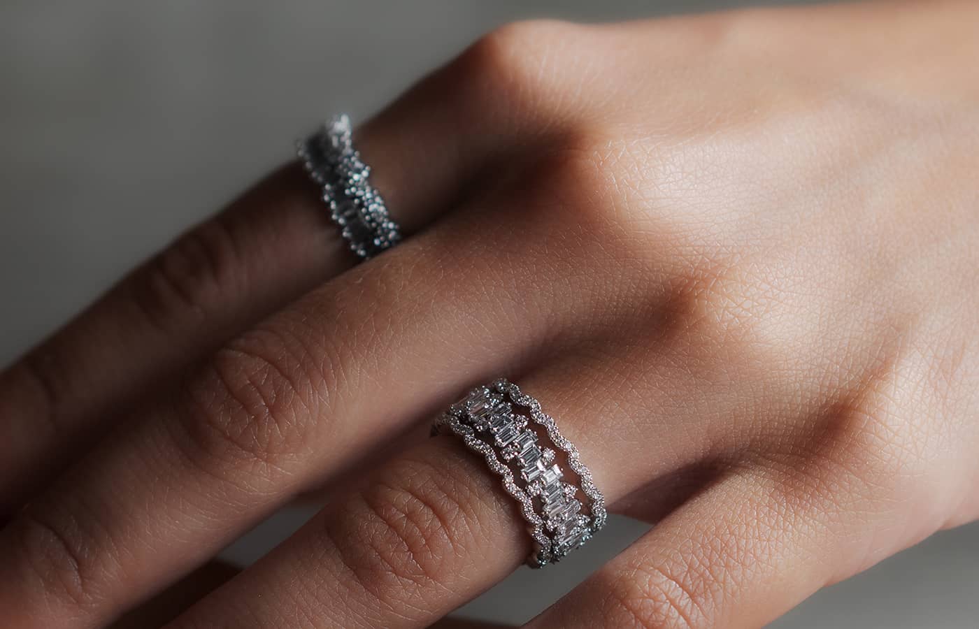 Suzanne Kalan 18k white gold Classic Diamond Shimmer eternity band set with 1.16cts of baguette-cut diamonds, and Ivy eternity band