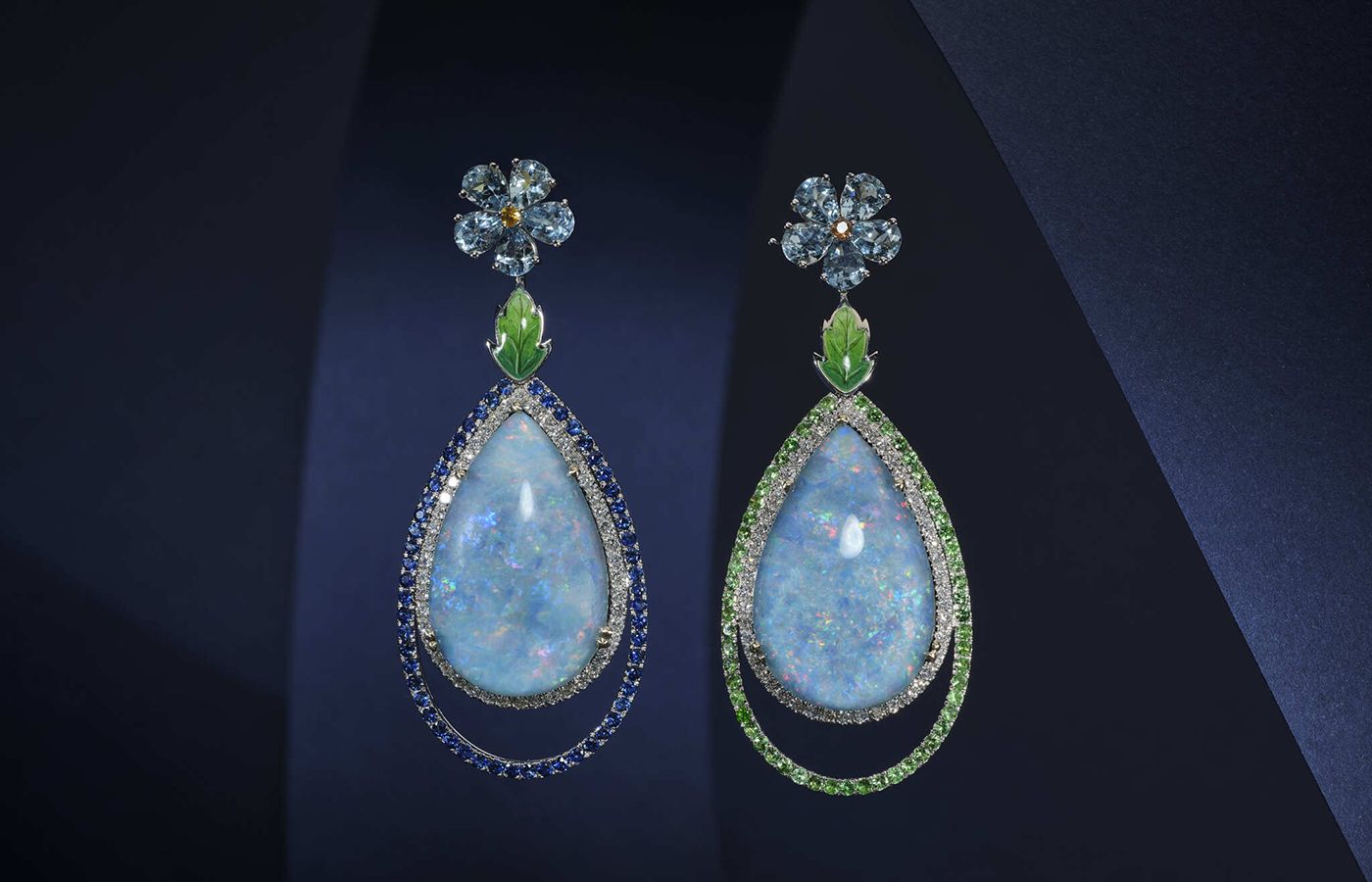 Basak Baykal Forget Me Not opal, sapphire, garnet, aquamarine, enamel and diamond earrings