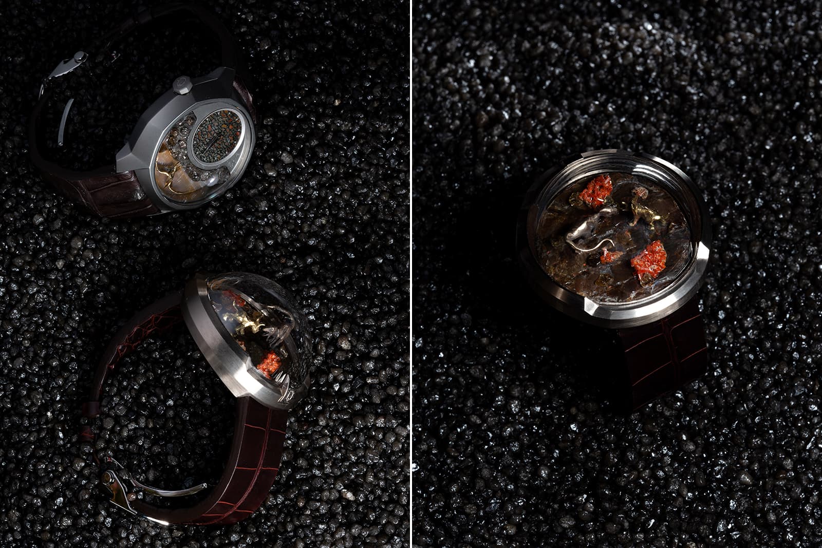 The Qannati Objet d'Art Jurassic Quantum timepiece and Jurassic Eternity Bracelet (left) and a closer look at the Jurassic Eternity Bracelet (right) with opalised ammolite fossil, rough diamonds and yellow and white gold 