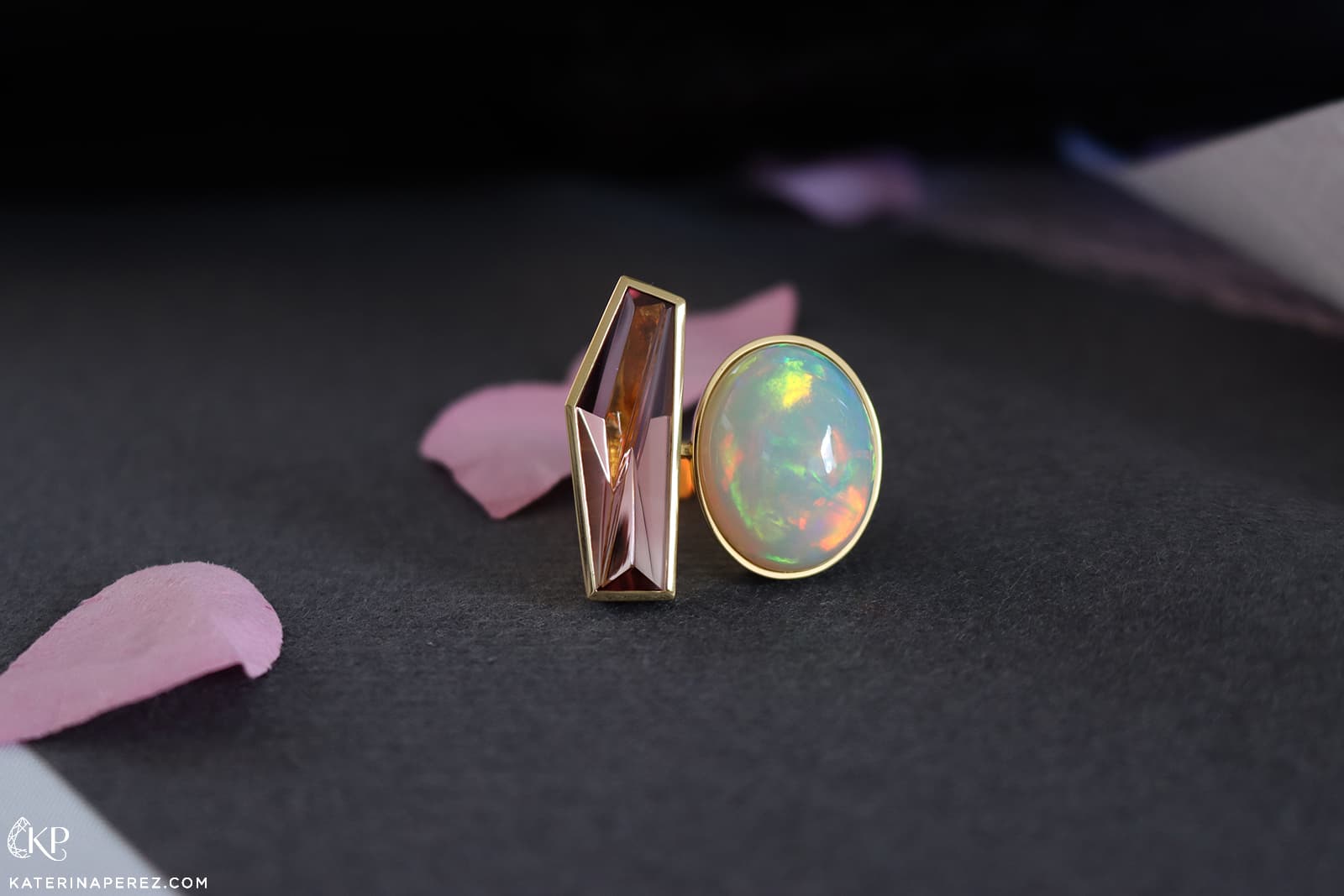 Atelier Munsteiner ring with a white opal and fancy-cut morganite gemstone