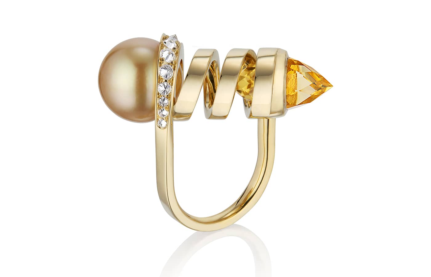 Renesis Curl ring in gold, citrine bullet stone, pearl and diamond 