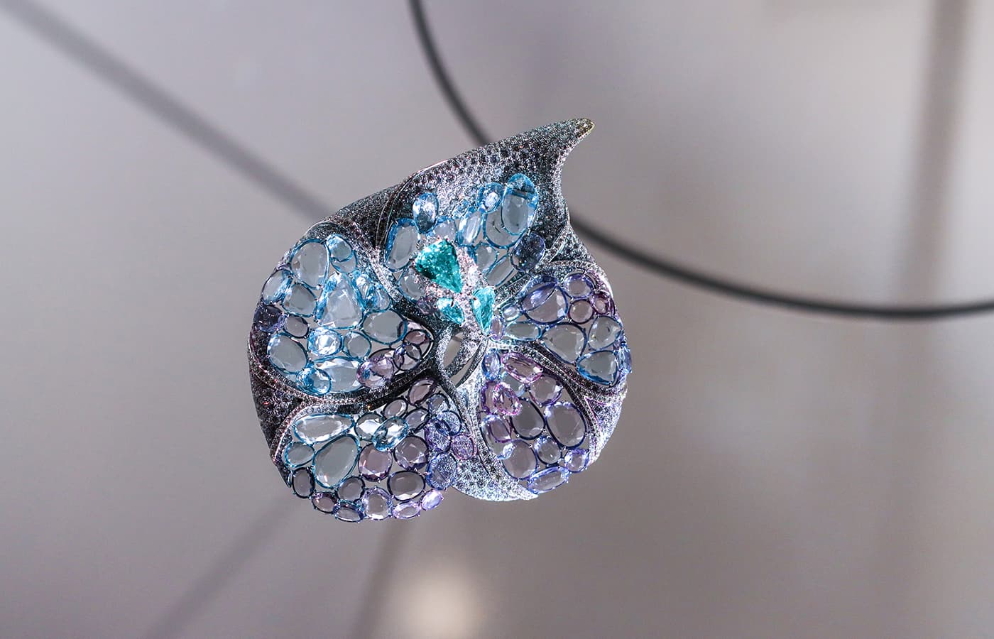 Feng J 'Blue Anthurium' brooch with Paraiba tourmaline, double rose-cut aquamarine, spinel, sapphire and diamonds in 18k electroplated gold