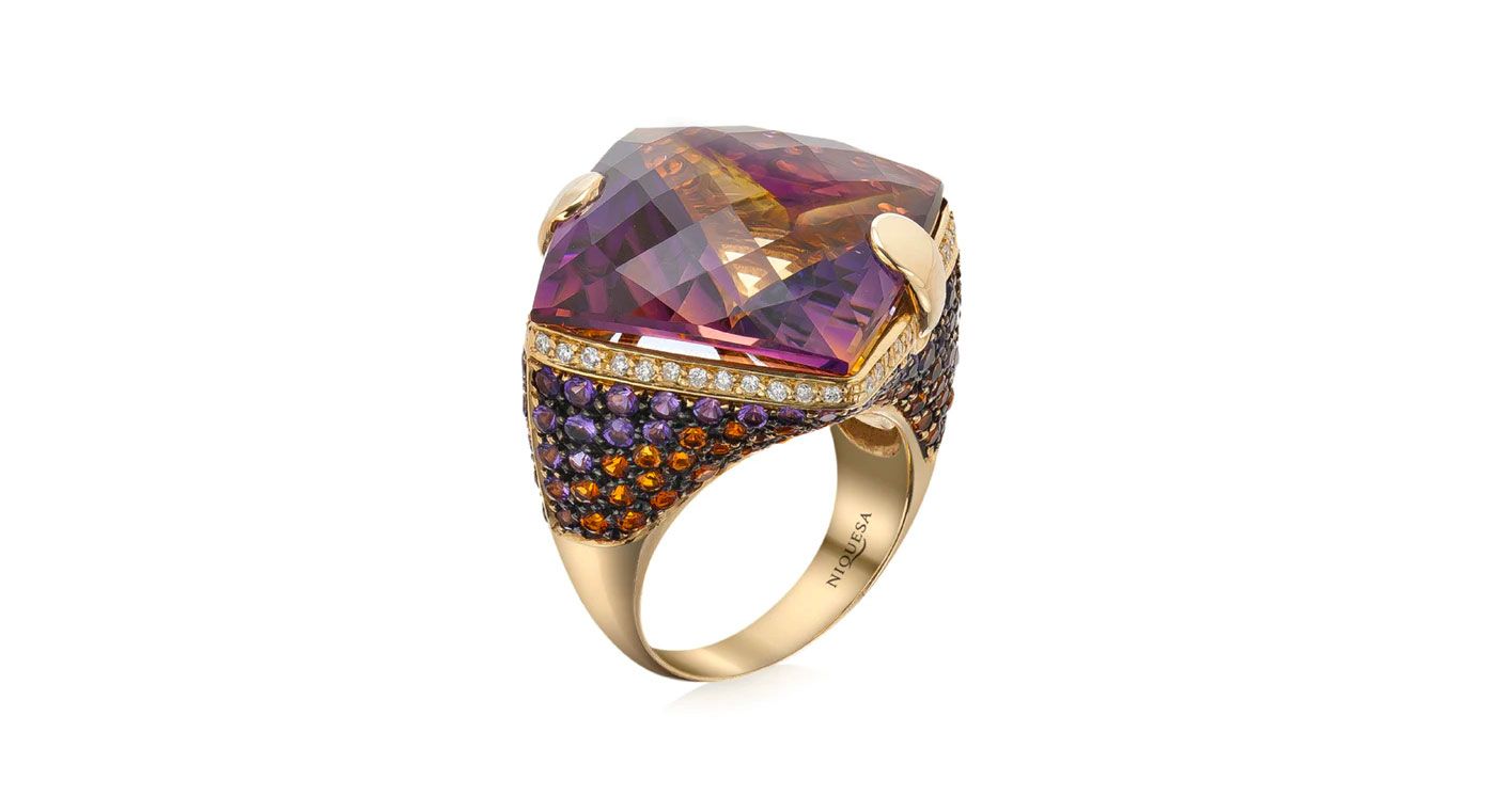 Niquesa Pulcinella ring in gold, multi-coloured sapphires, diamond and a 67-ct ametrine
