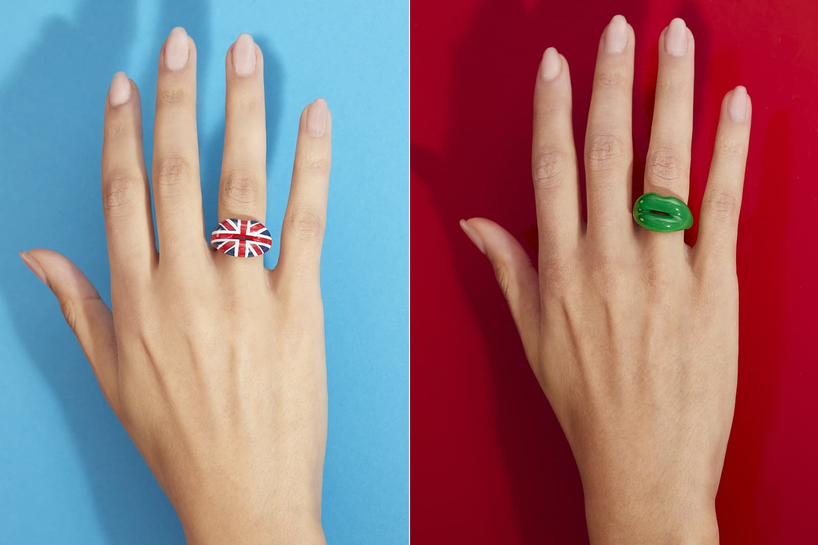 Model wearing the Union Jack and Green Hotlips rings created in hand painted enamel and 100% recycled sterling silver by Solange Azagury-Partridge