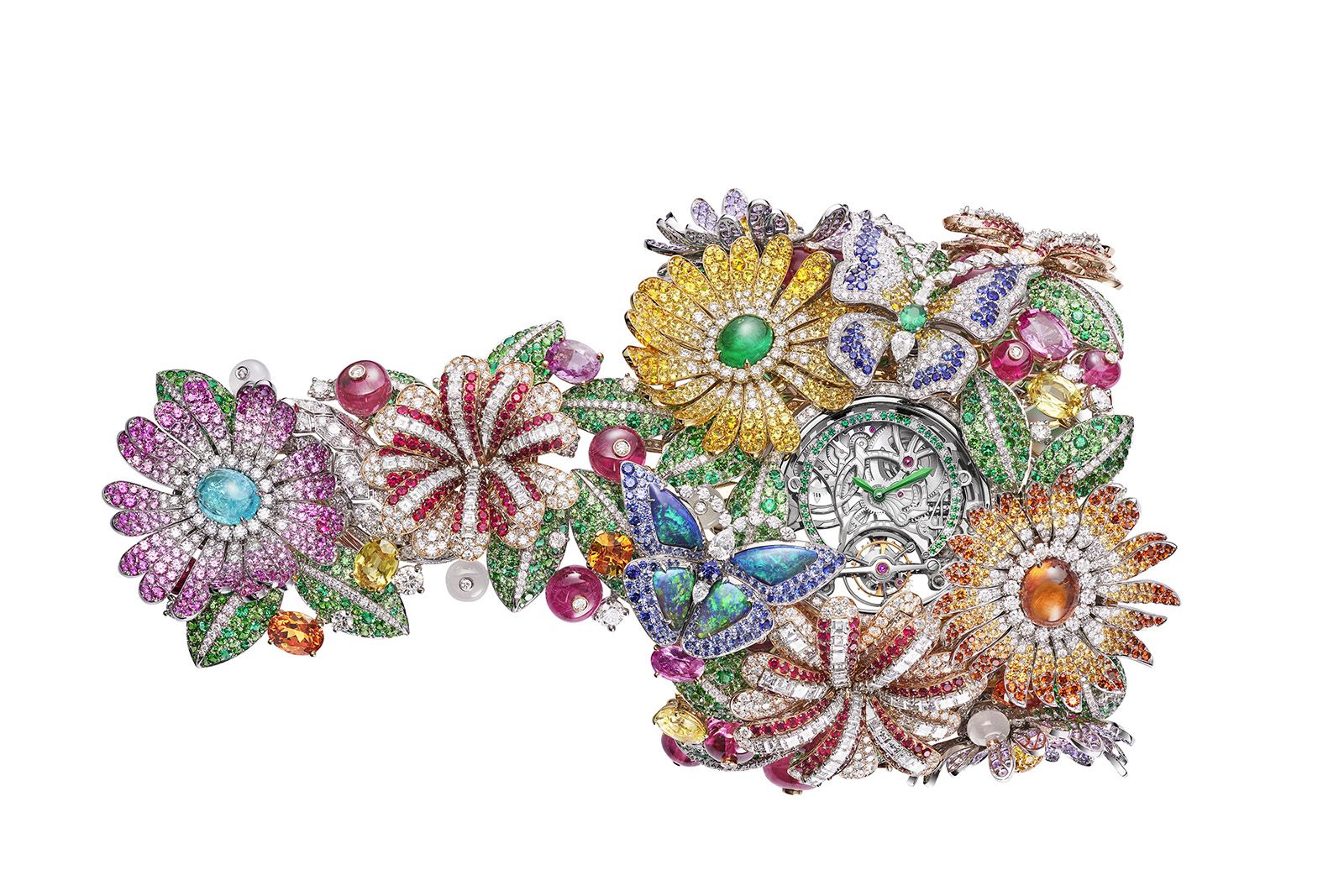 Bulgari Giardino Dell’Eden Tourbillon watch featuring 223-cts of cabochon Paraiba tourmaline, emeralds, garnets, pink tourmalines, opals, rubies, multicolour sapphires and diamonds