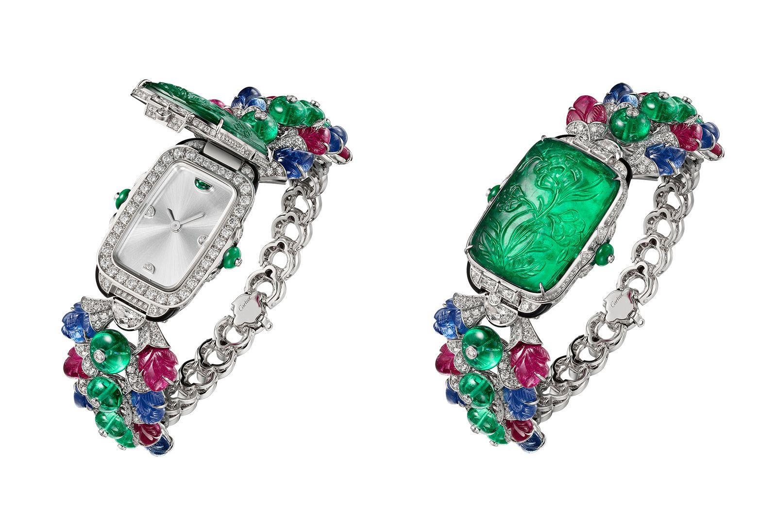 Cartier High Jewellery Tutti Frutti Modhera Secret watch in white gold featuring an engraved rectangular emerald, bead-cut emeralds, cabochon-cut emeralds, rubies, sapphires, onyx and diamonds.