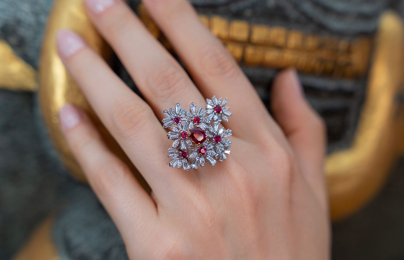Caratell Burmese ruby and diamond cocktail ring