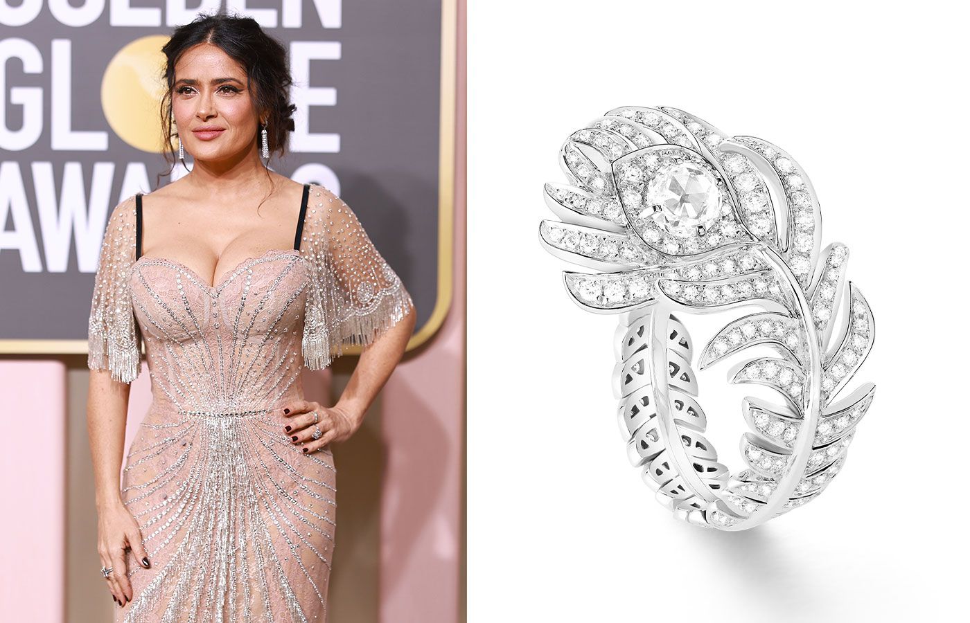 Selma Hayek in a custom Gucci dress paired with white gold and diamond jewellery from Boucheron