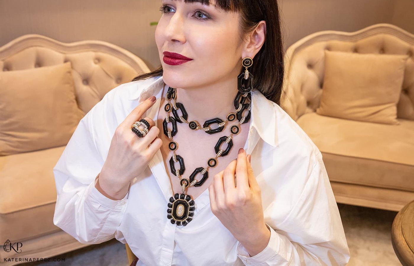 Katerina Perez wears a suite of jewellery by Veschetti 