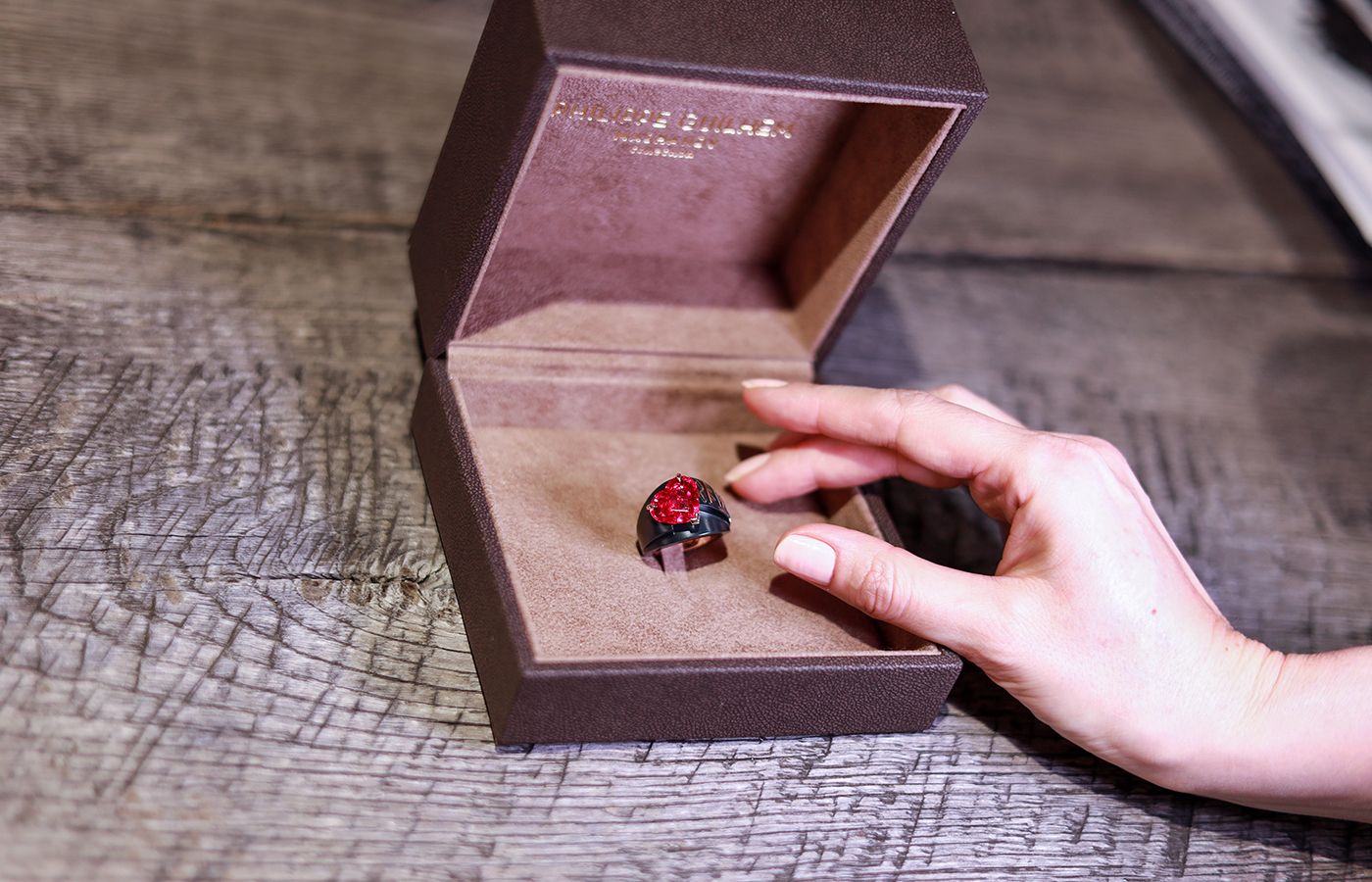 Mashandy Origyne Imisy ring with a 9.55 carat rubellite and runic letters that’s on display at the Philippe Guilhem Mashandy boutique in Megève