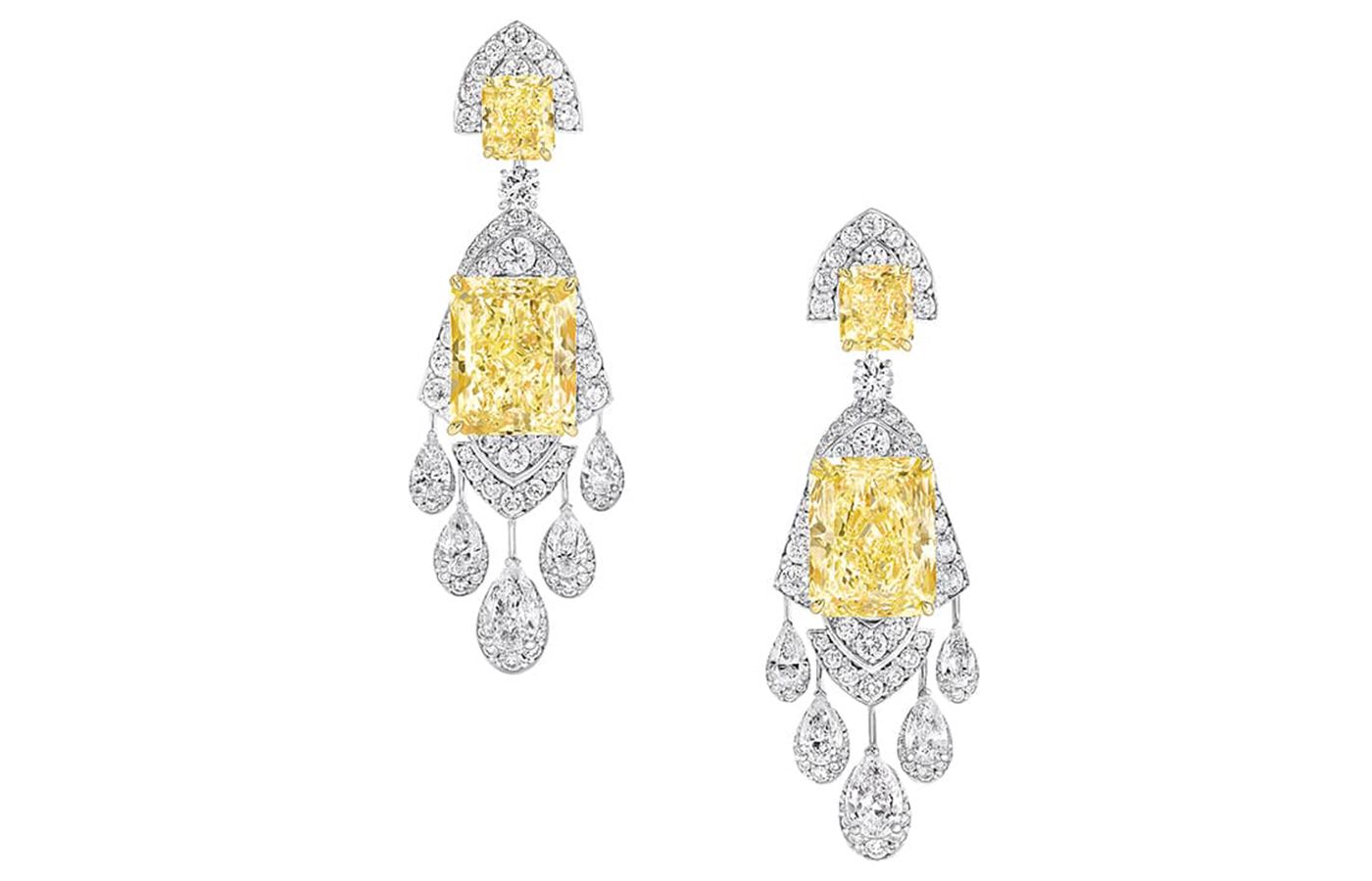 Graff The Girl Who Created The Stars earrings in white gold and diamonds featuring two 21-ct yellow diamonds from the Tribal High Jewellery collection