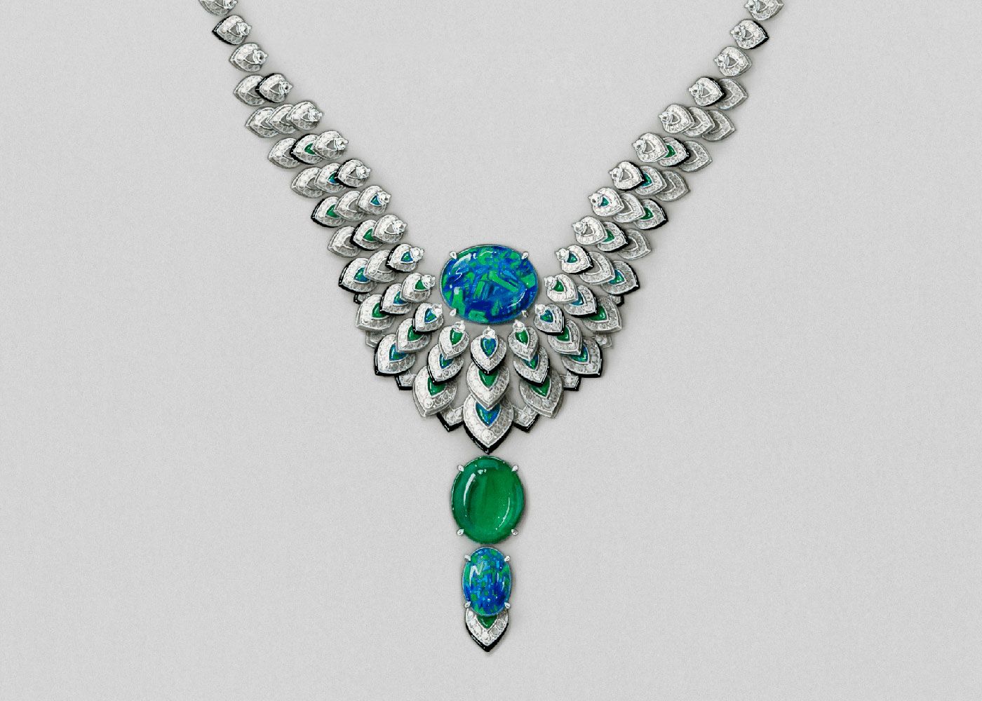 Cartier Ocelle necklace with two black opals of 16.59 and 6.19 carats, a 21.18 carat Zambian emerald cabochon, diamonds and onyx from the Cartier Beautés du Monde Chapter III High Jewellery collection