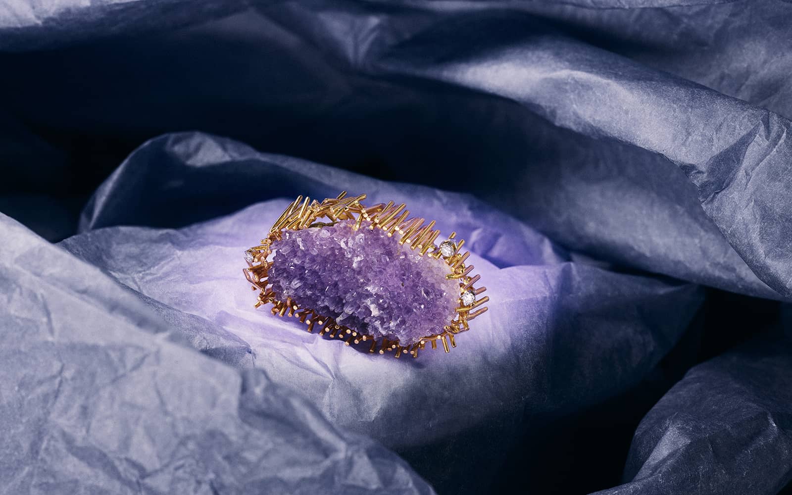 1970s amethyst and gold brooch by Gillian Packard