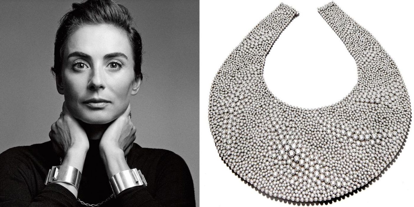 Francesca Amfitheatrof alongside her jewellery for Tiffany & Co,featuring pearls and diamonds 