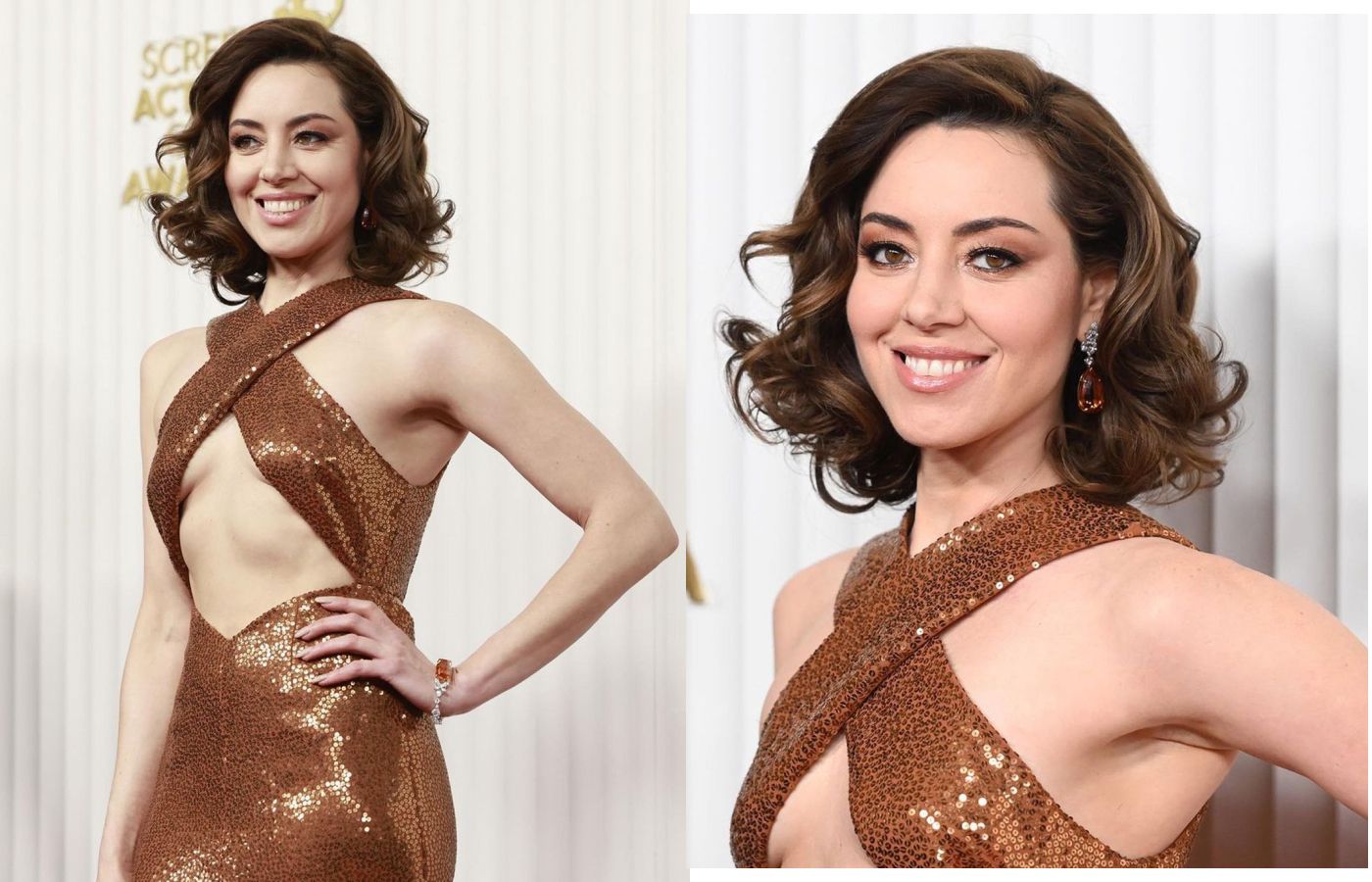 Aubrey Plaza on the red carpet at the SAG Awards 2023 wearing Mouawad Jewels with Brazilian Imperial topaz and diamonds from the Joie de Vivre suite