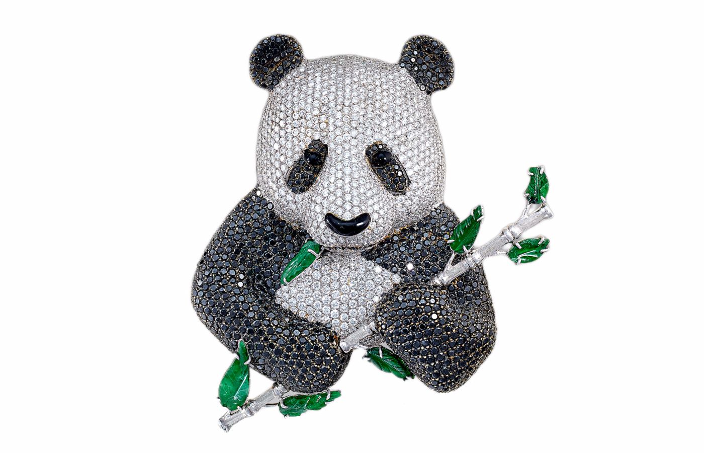 Ricardo Basta panda brooch with white and black diamonds and hand-carved jadeite leaves in 18k gold and platinum 