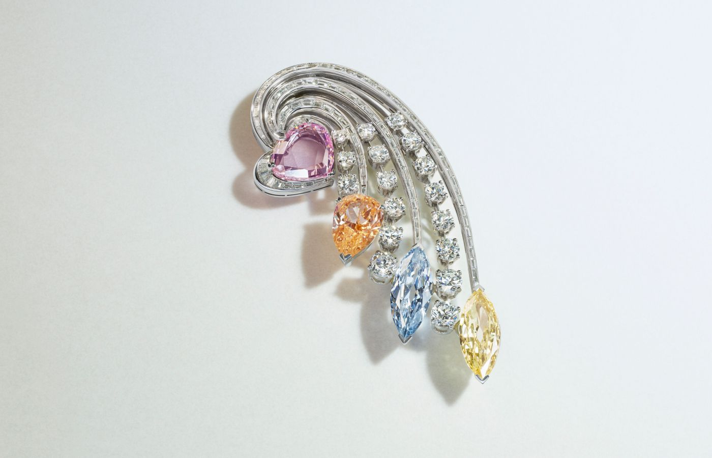 Bulgari brooch with a fancy intense orange pear brilliant-cut diamond of 5.14 carats, fancy intense purple-pink modified heart portrait-cut diamond of 5.00 carats, fancy blue marquise brilliant-cut diamond of 4.26 carats, fancy intense yellow marquise brilliant-cut diamond of 3.82 carats, baguette-cut and round diamonds, platinum and 18k white gold (Lot 88) – Included in the Christie’s The World of Heidi Horten: Magnificent Jewels Part I auction