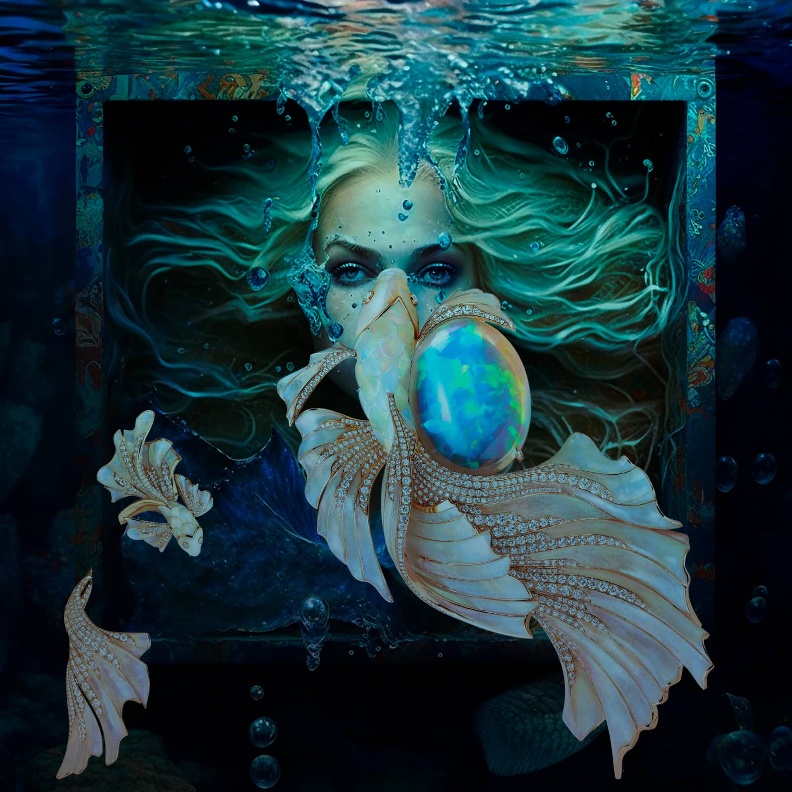 DROWN – An artwork showcasing the Opalescence plique-à-jour betta fish brooch from the Boucheron Holographique High Jewellery collection, set with an Ethiopian white opal cabochon of 71.69 carats