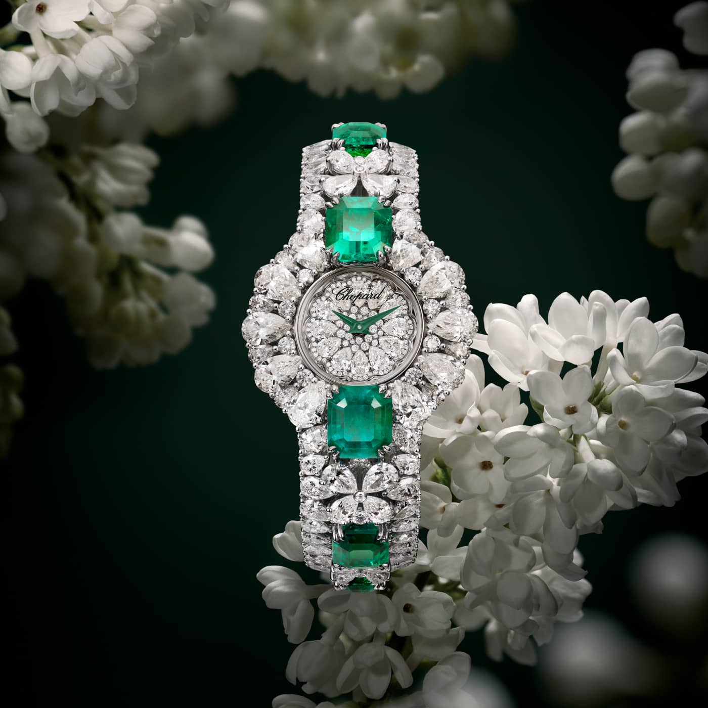 Chopard High Jewellery watch in fairmined-certified ethical 18-kt white gold set with 21.65.cts of octagonal emeralds, 25.87.cts of pear-shaped diamonds and 2.43-cts of brilliant-cut diamonds 