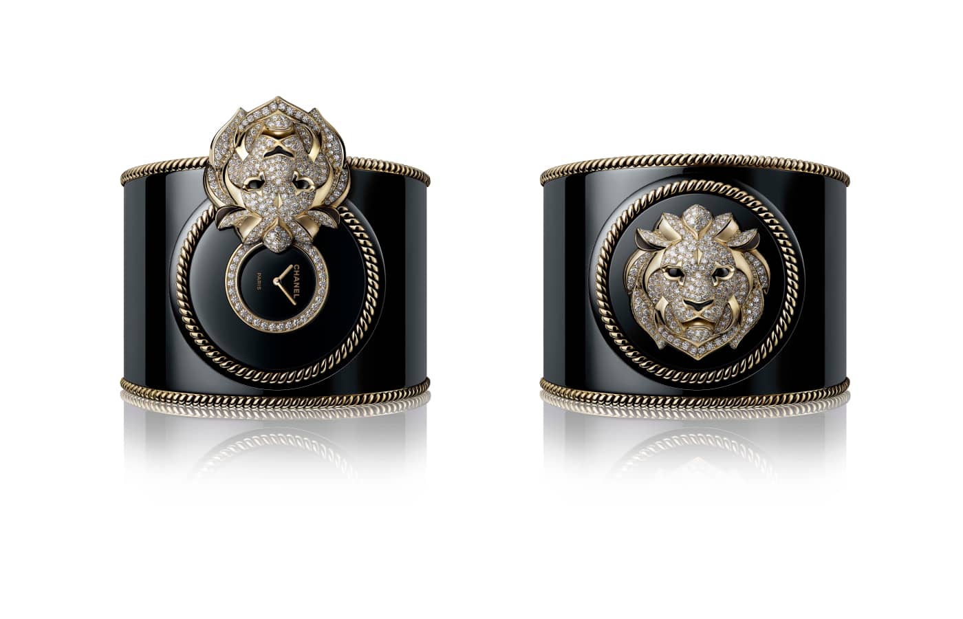 Chanel Mademoiselle Privé Lion Cuff High Jewellery watch in gold, onyx, black lacquer and diamond